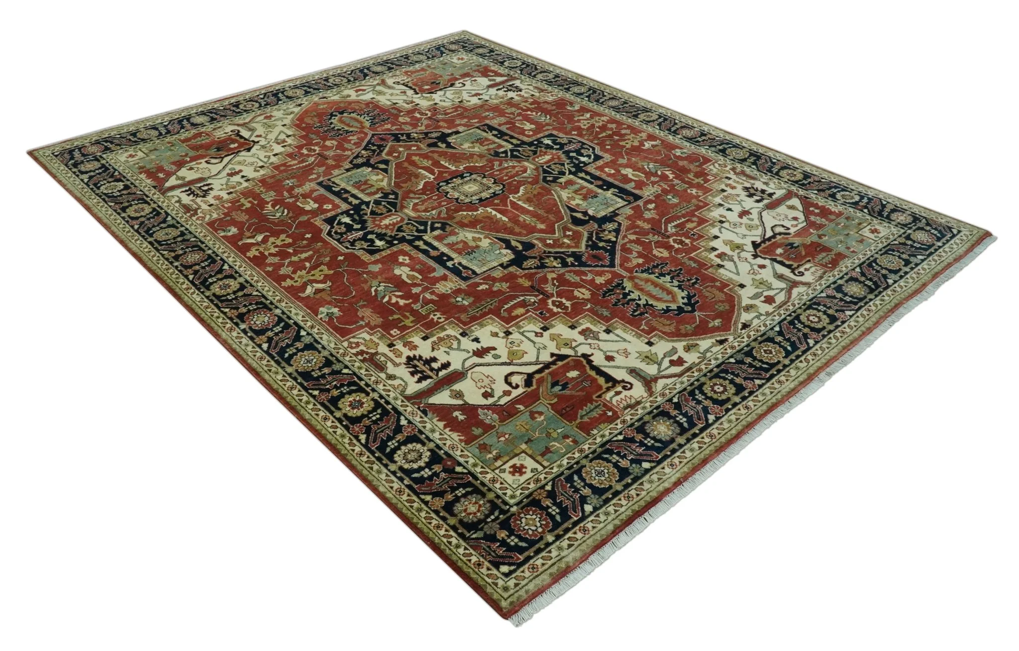 Premium Fine Hand knotted 8x10 Brown, Blue and Ivory Traditional wool Area Rug - Image 9