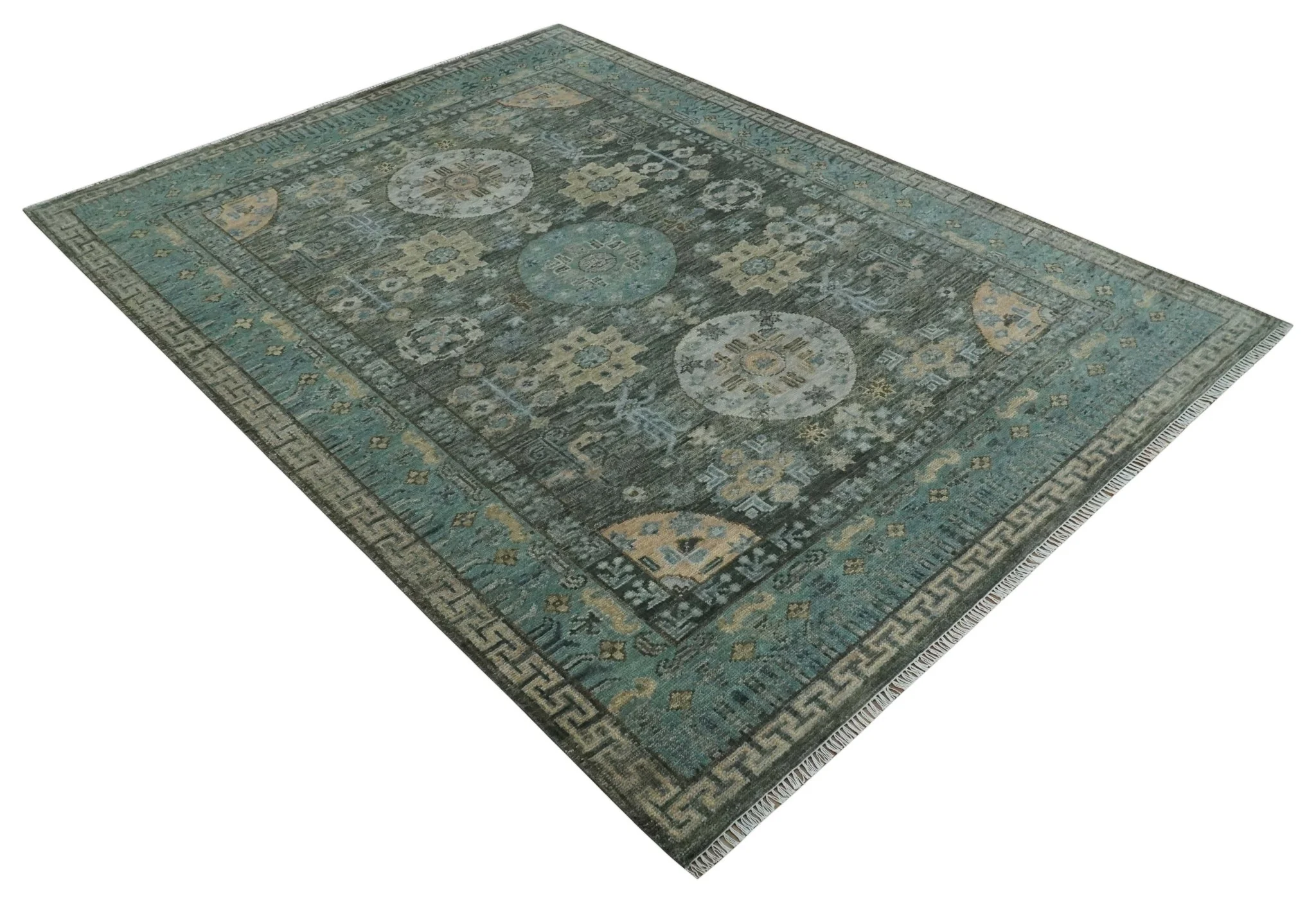Hand Knotted Charcoal, and Aqua Oriental Khotan Multi Size Traditional Wool Area Rug - Image 10