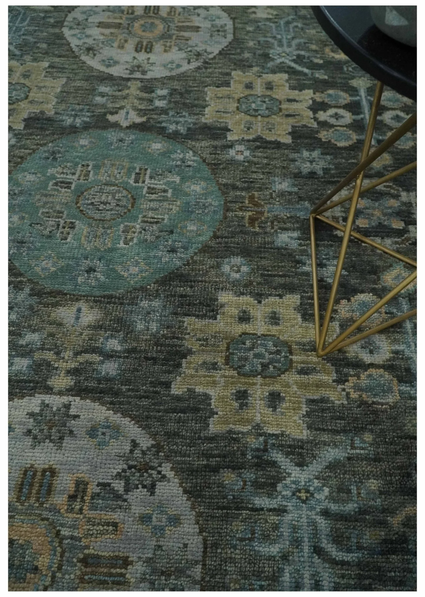 Hand Knotted Charcoal, and Aqua Oriental Khotan Multi Size Traditional Wool Area Rug - Image 2
