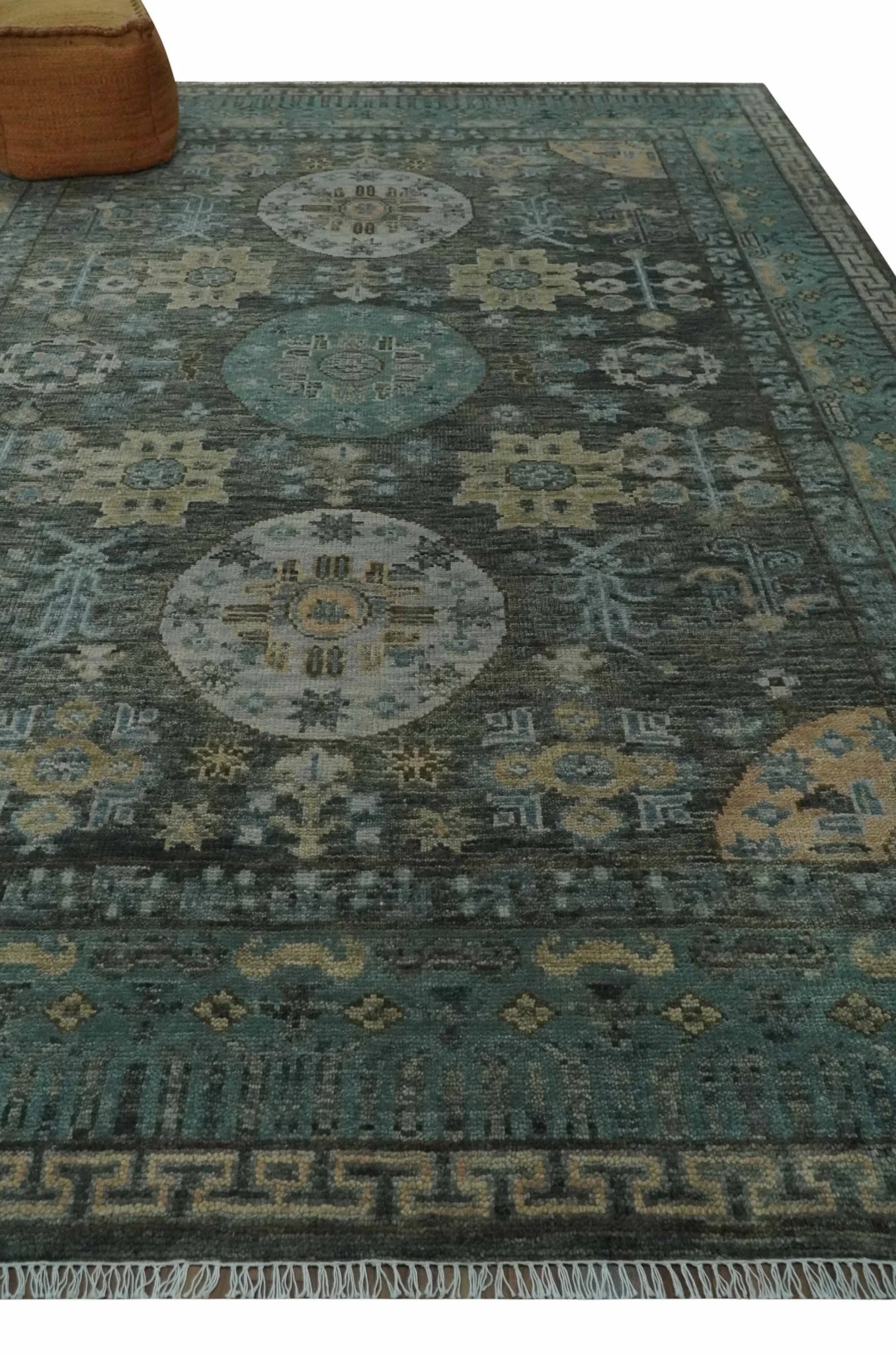 Hand Knotted Charcoal, and Aqua Oriental Khotan Multi Size Traditional Wool Area Rug - Image 3