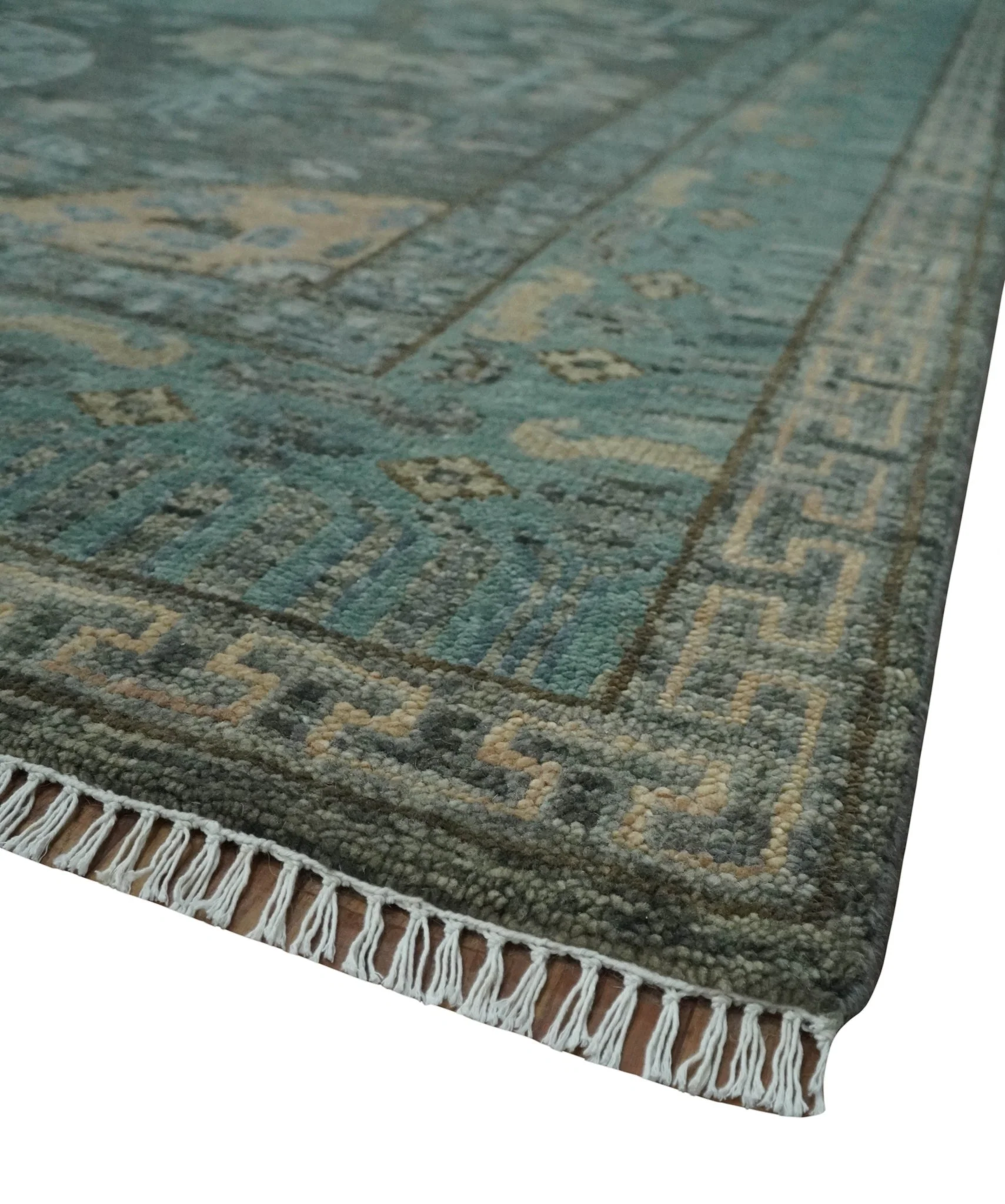 Hand Knotted Charcoal, and Aqua Oriental Khotan Multi Size Traditional Wool Area Rug - Image 5