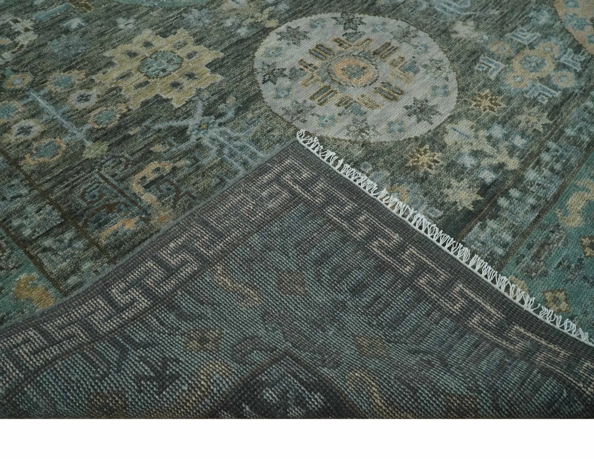 Hand Knotted Charcoal, and Aqua Oriental Khotan Multi Size Traditional Wool Area Rug - Image 6