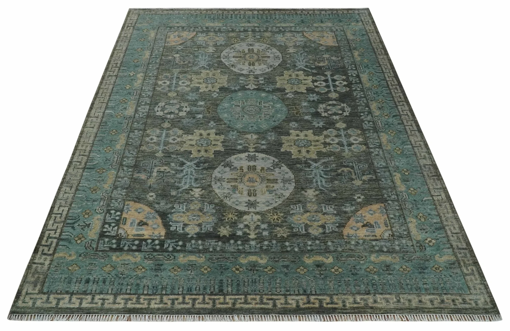 Hand Knotted Charcoal, and Aqua Oriental Khotan Multi Size Traditional Wool Area Rug - Image 9