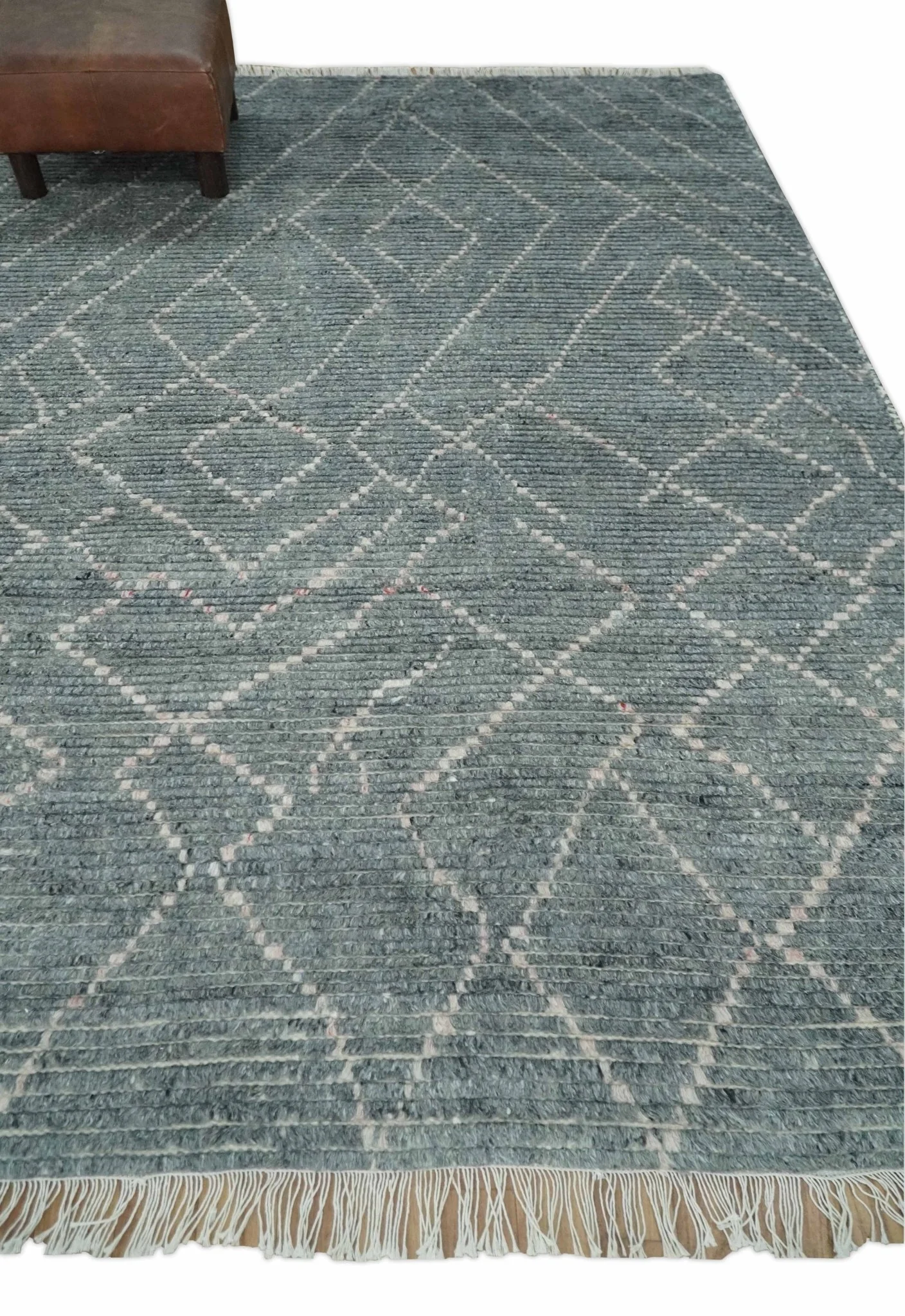 Custom Made Hand Knotted Charcoal and Ivory Moroccan Trellis Rug - Image 3
