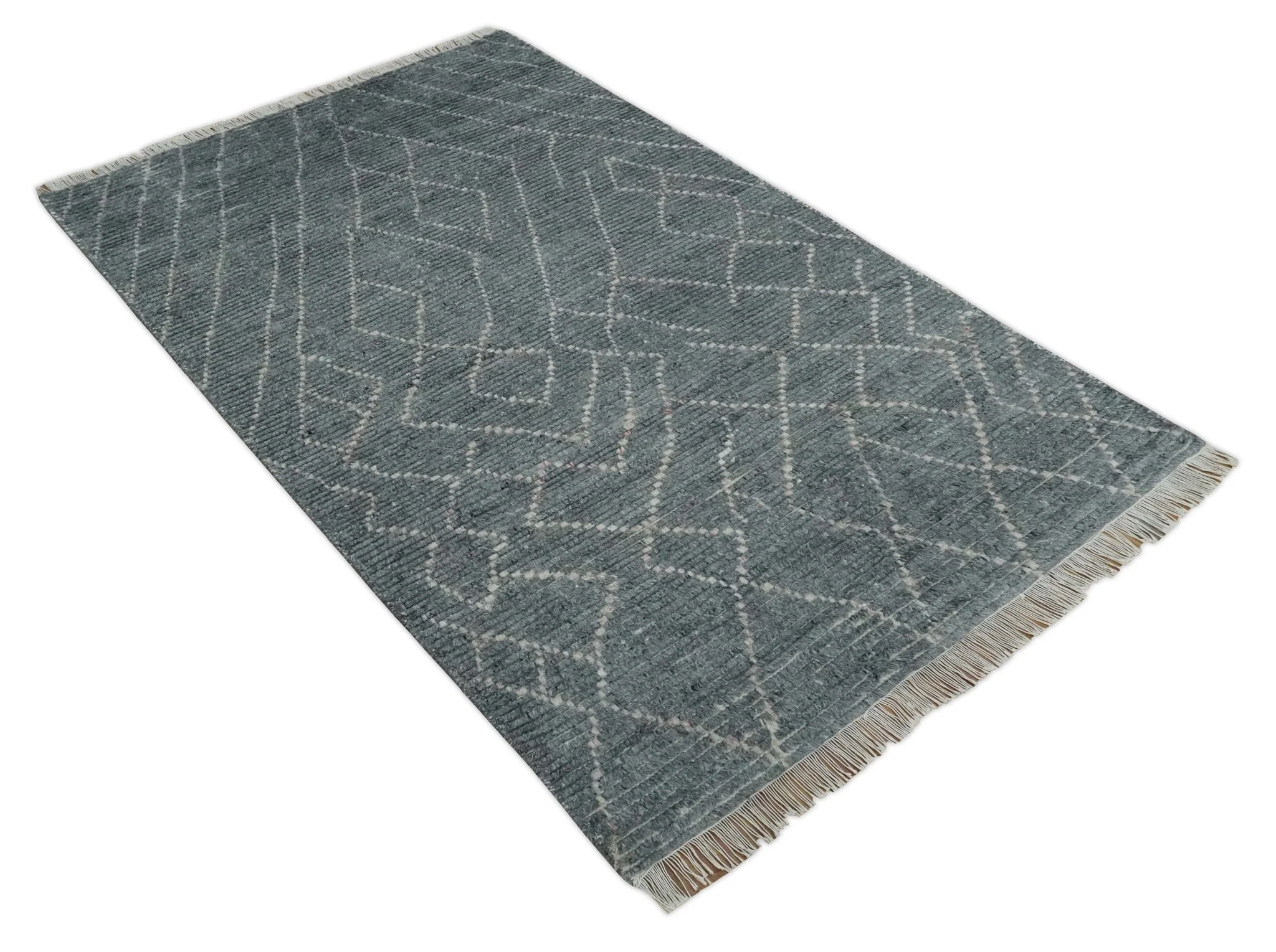 Custom Made Hand Knotted Charcoal and Ivory Moroccan Trellis Rug - Image 9