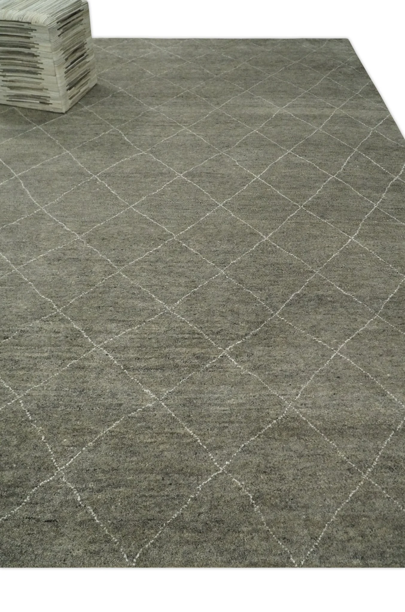 Hand Knotted Charcoal and White 9x12 Trellis Moroccan Rug Made with Fine Wool | TRDCP651912 - Image 3