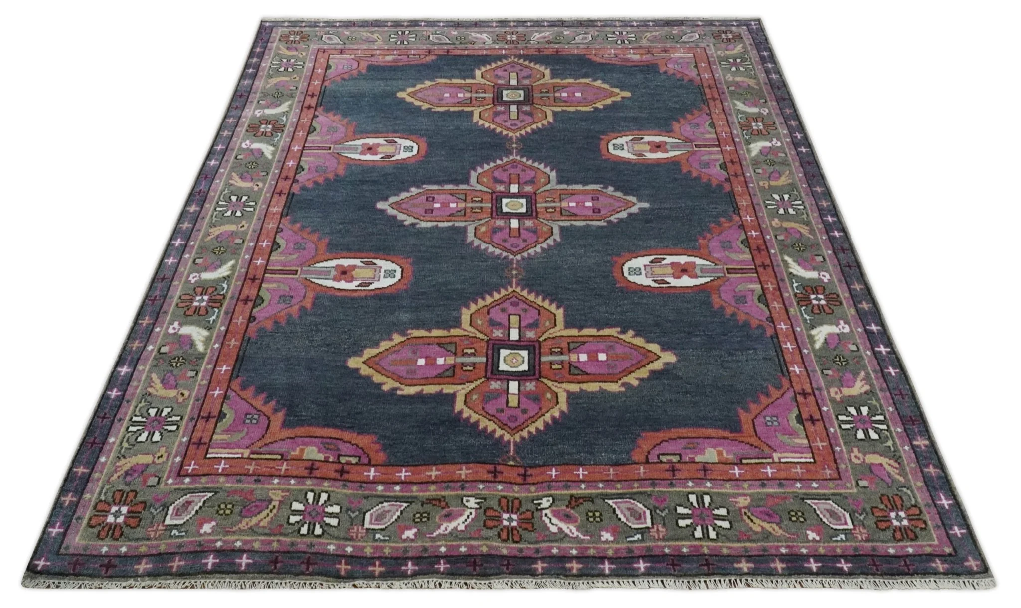 8.3x9.10 Hand Knotted Charcoal, Silver and Pink Traditional Heriz Wool Area Rug - Image 10