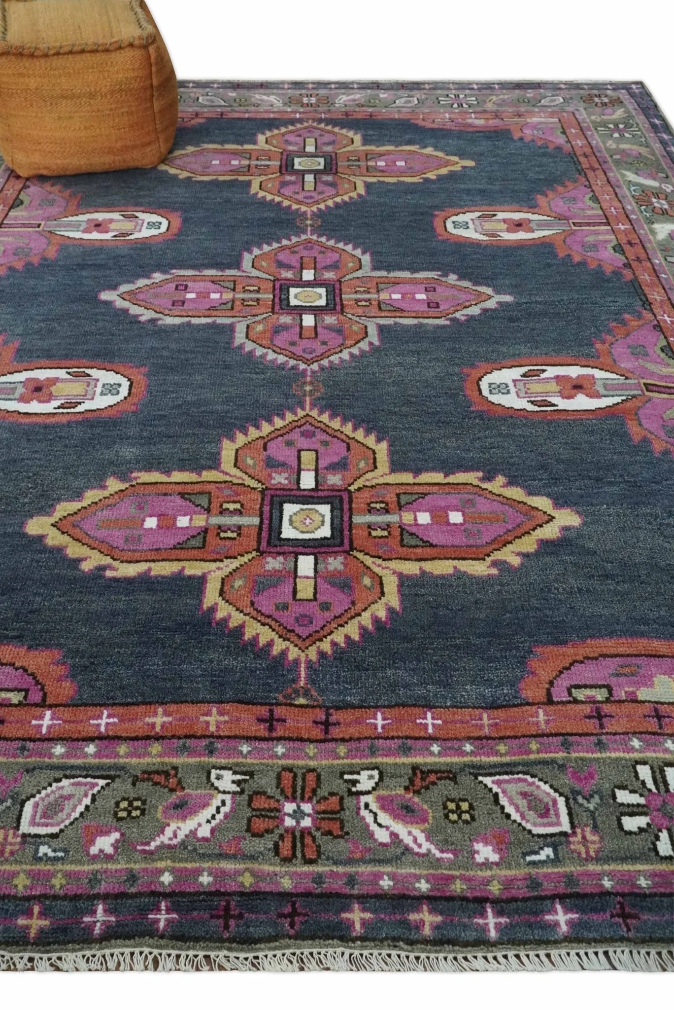 8.3x9.10 Hand Knotted Charcoal, Silver and Pink Traditional Heriz Wool Area Rug - Image 3