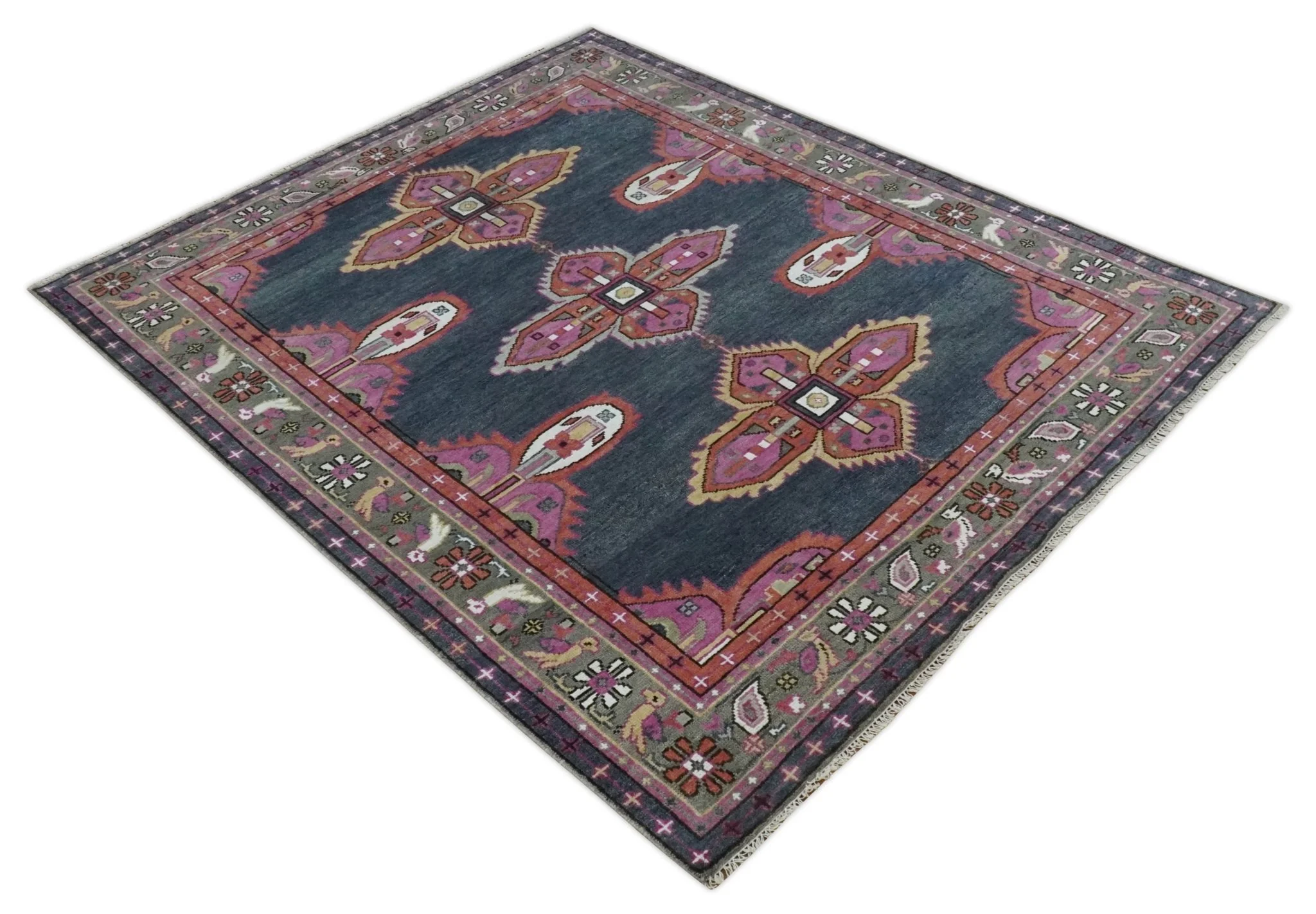 8.3x9.10 Hand Knotted Charcoal, Silver and Pink Traditional Heriz Wool Area Rug - Image 9