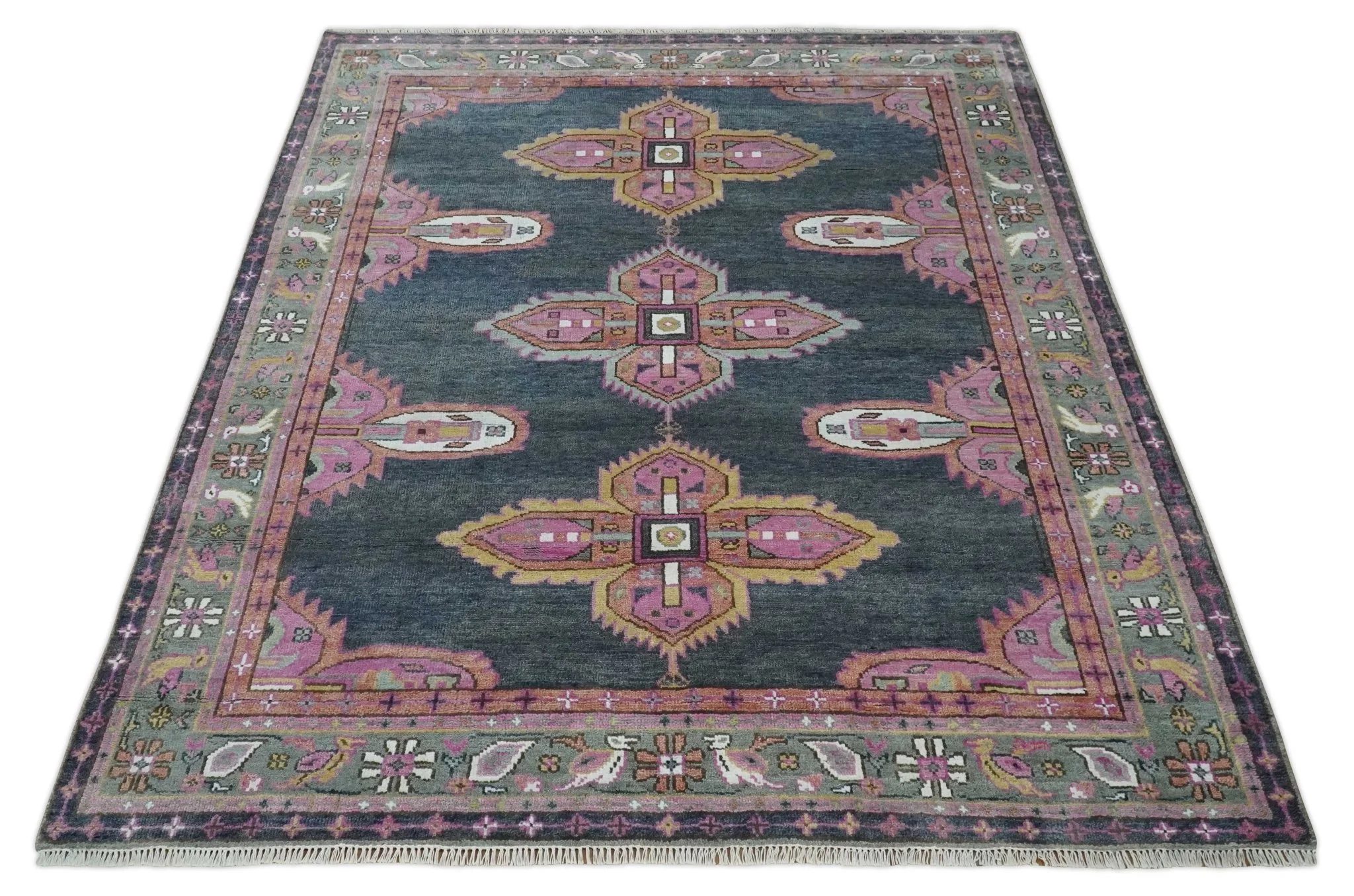 8x10 Hand Knotted Charcoal, Silver and Pink Traditional Wool Area Rug - Image 10