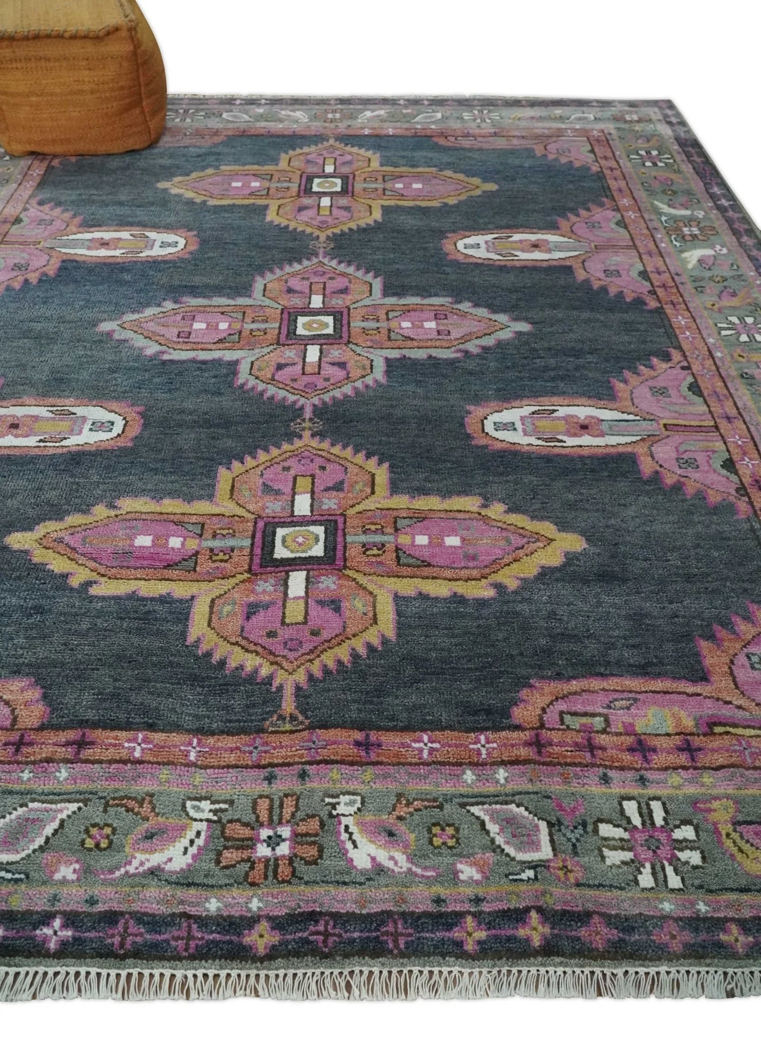 8x10 Hand Knotted Charcoal, Silver and Pink Traditional Wool Area Rug - Image 3
