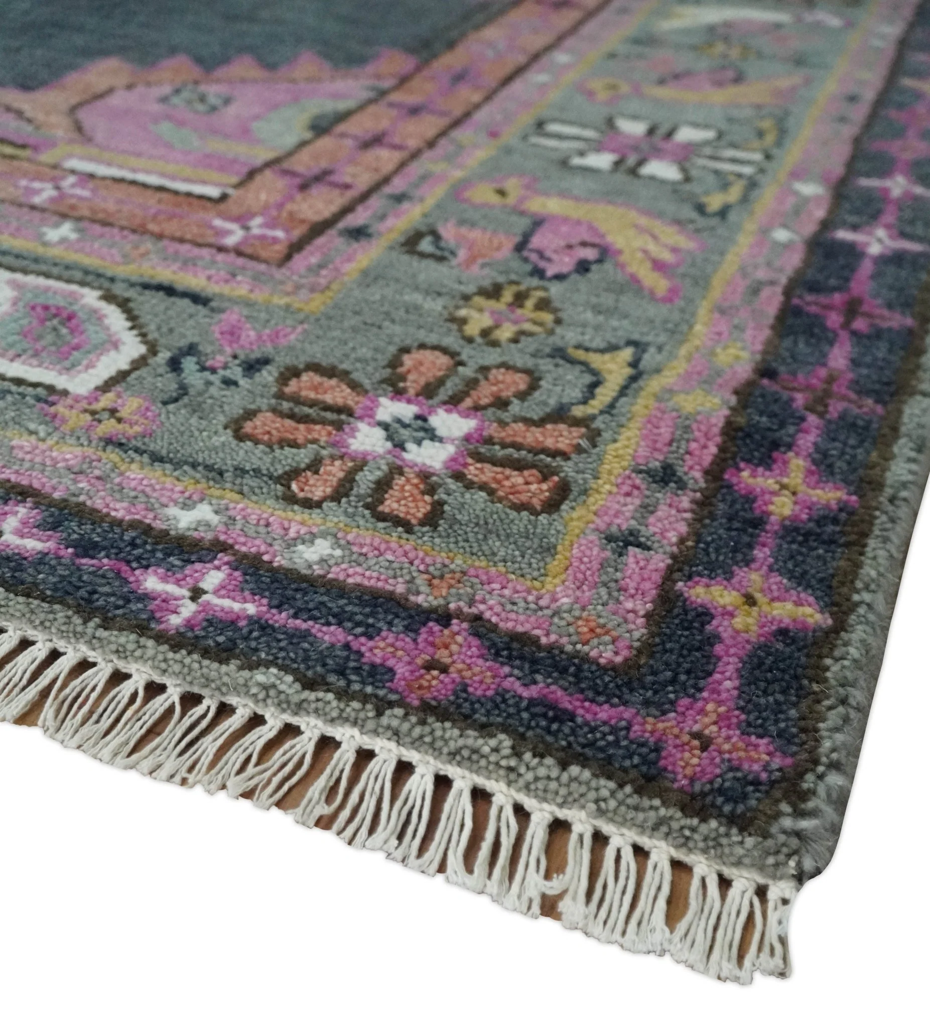 8x10 Hand Knotted Charcoal, Silver and Pink Traditional Wool Area Rug - Image 5