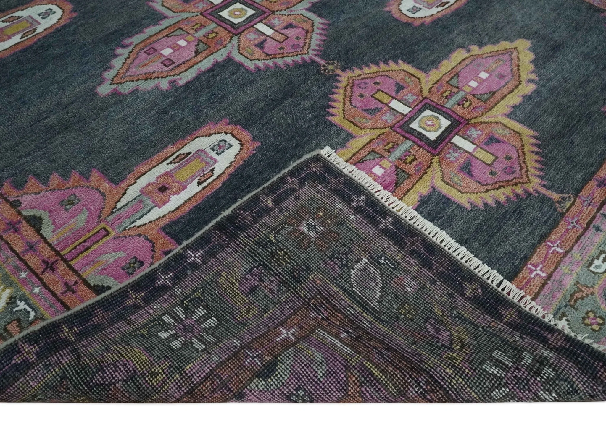 8x10 Hand Knotted Charcoal, Silver and Pink Traditional Wool Area Rug - Image 7