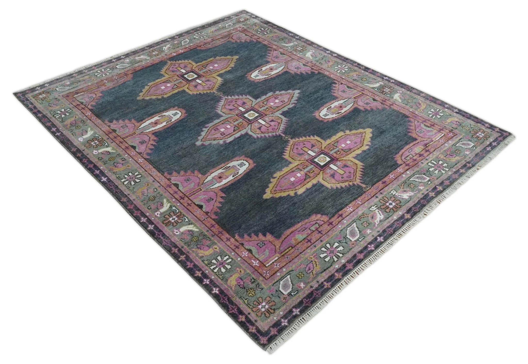 8x10 Hand Knotted Charcoal, Silver and Pink Traditional Wool Area Rug - Image 9