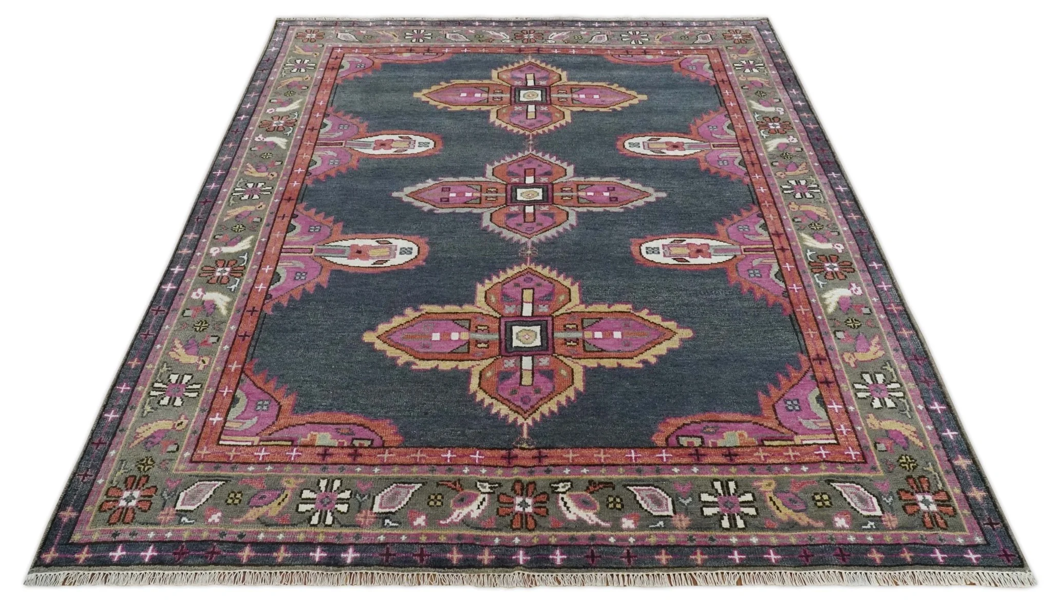8x10 and 10x14 Hand Knotted Charcoal, Silver and Pink Traditional Wool Area Rug - Image 10