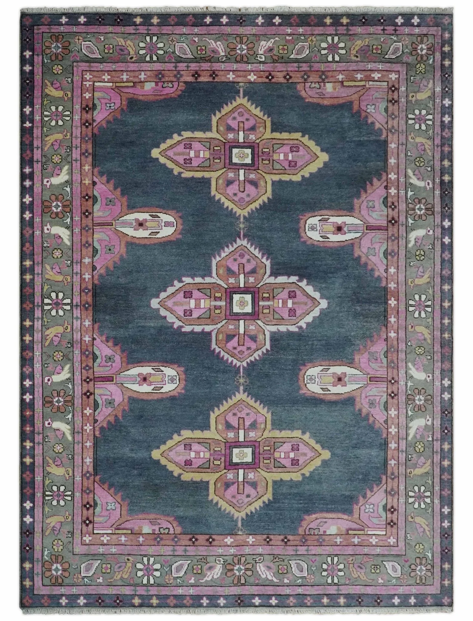 8x10 and 10x14 Hand Knotted Charcoal, Silver and Pink Traditional Wool Area Rug - Image 11