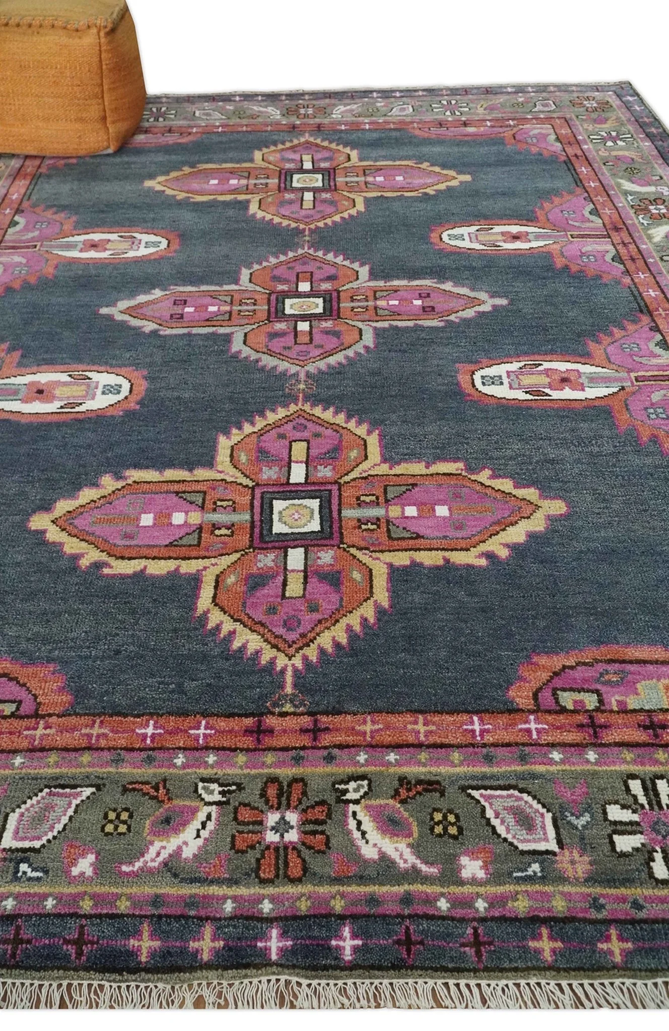 8x10 and 10x14 Hand Knotted Charcoal, Silver and Pink Traditional Wool Area Rug - Image 3