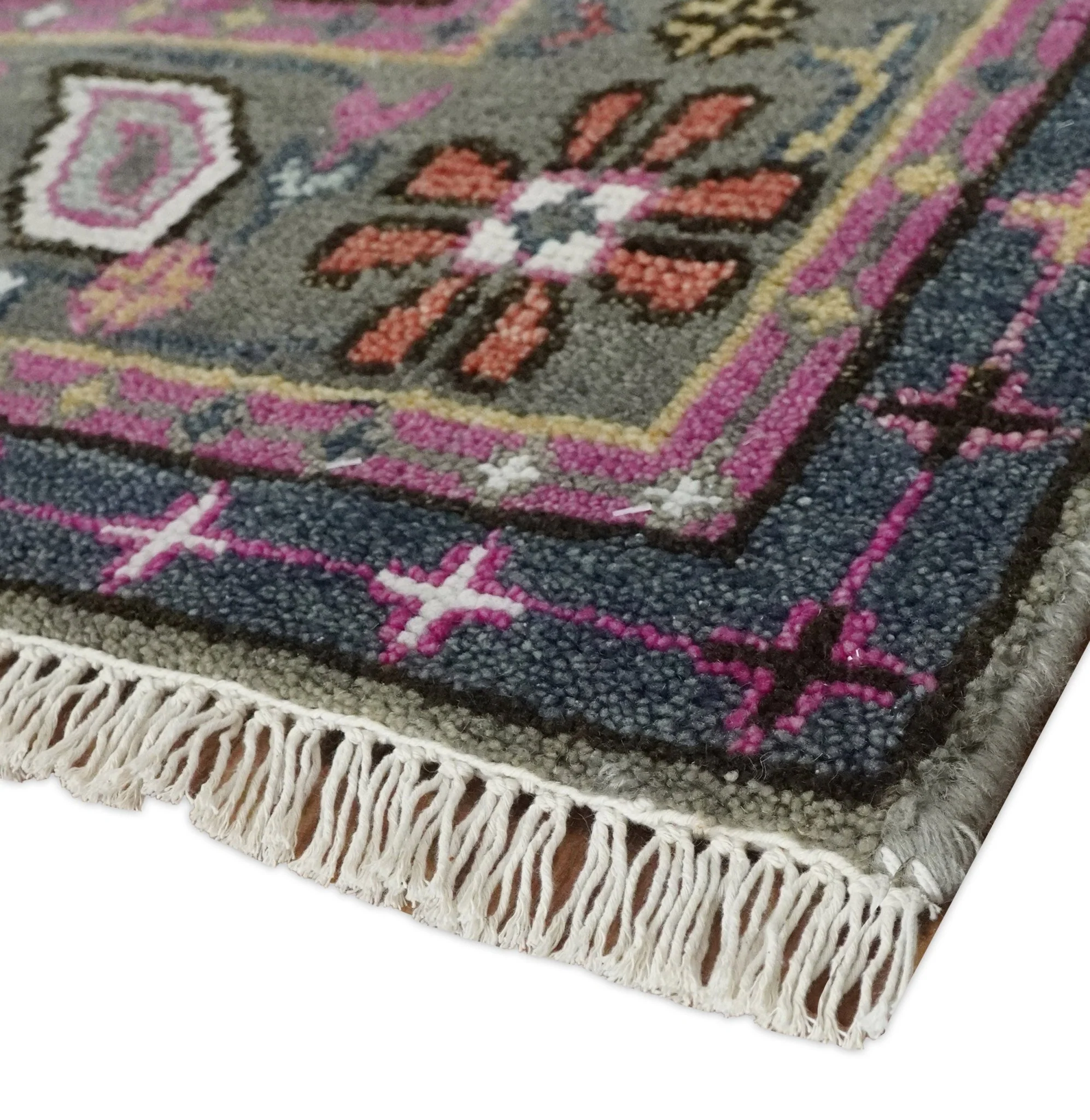 8x10 and 10x14 Hand Knotted Charcoal, Silver and Pink Traditional Wool Area Rug - Image 5