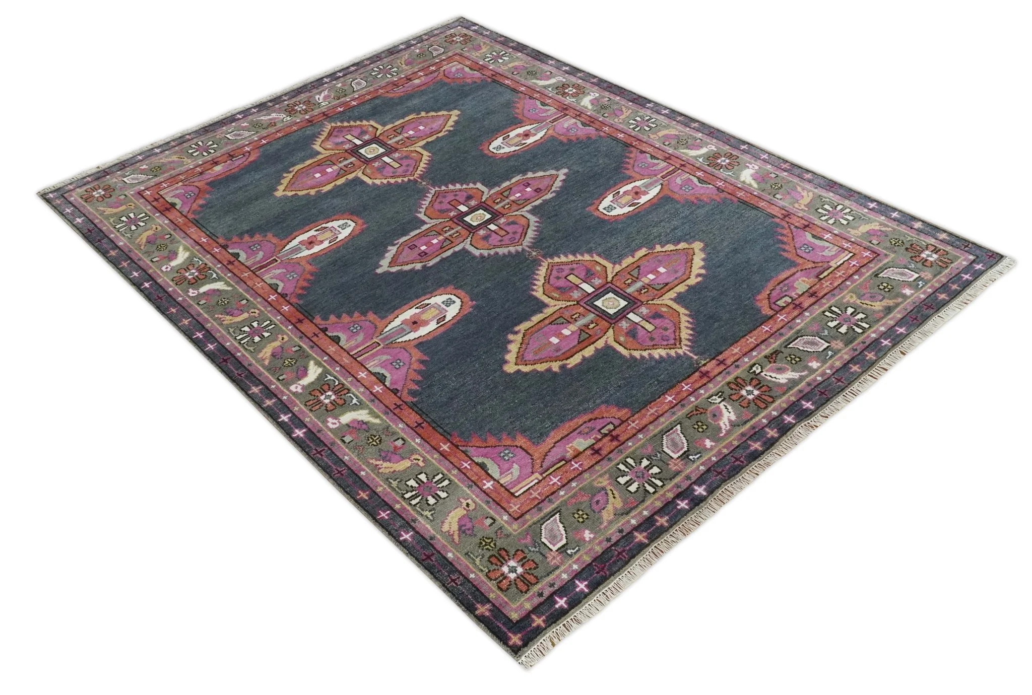 8x10 and 10x14 Hand Knotted Charcoal, Silver and Pink Traditional Wool Area Rug - Image 9