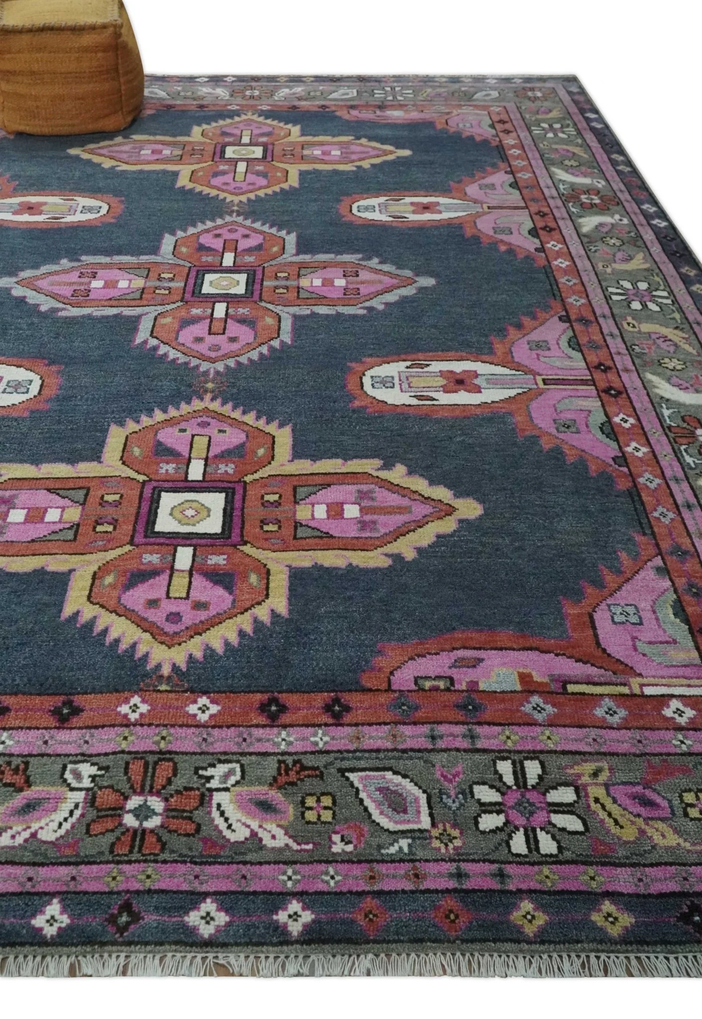 Hand Knotted Charcoal, Silver and Pink Traditional 9x12 Wool Area Rug - Image 3