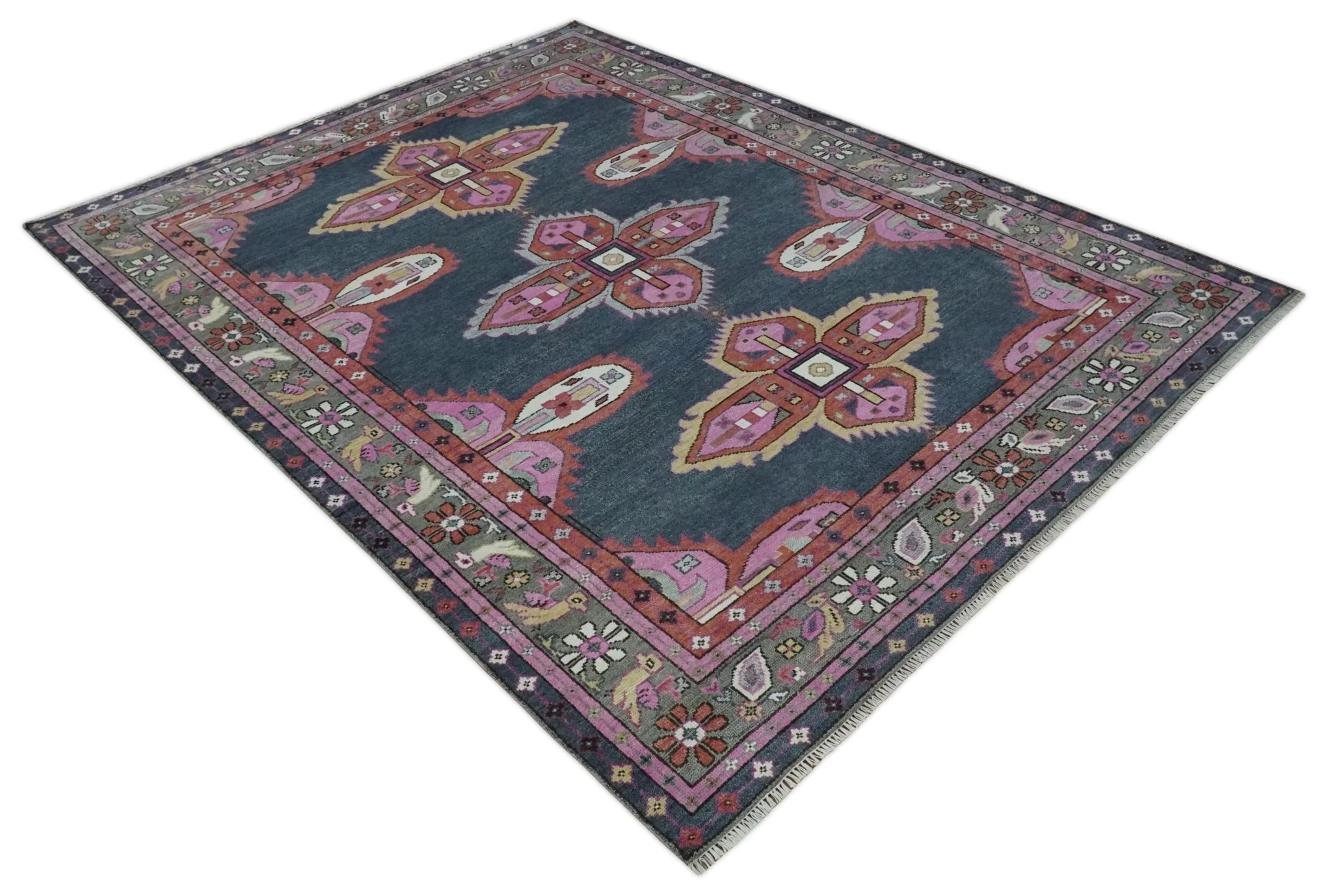Hand Knotted Charcoal, Silver and Pink Traditional Custom Made Wool Area Rug - Image 11