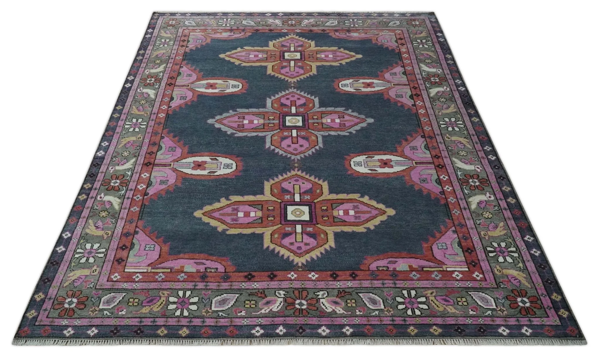 Hand Knotted Charcoal, Silver and Pink Traditional Custom Made Wool Area Rug - Image 12