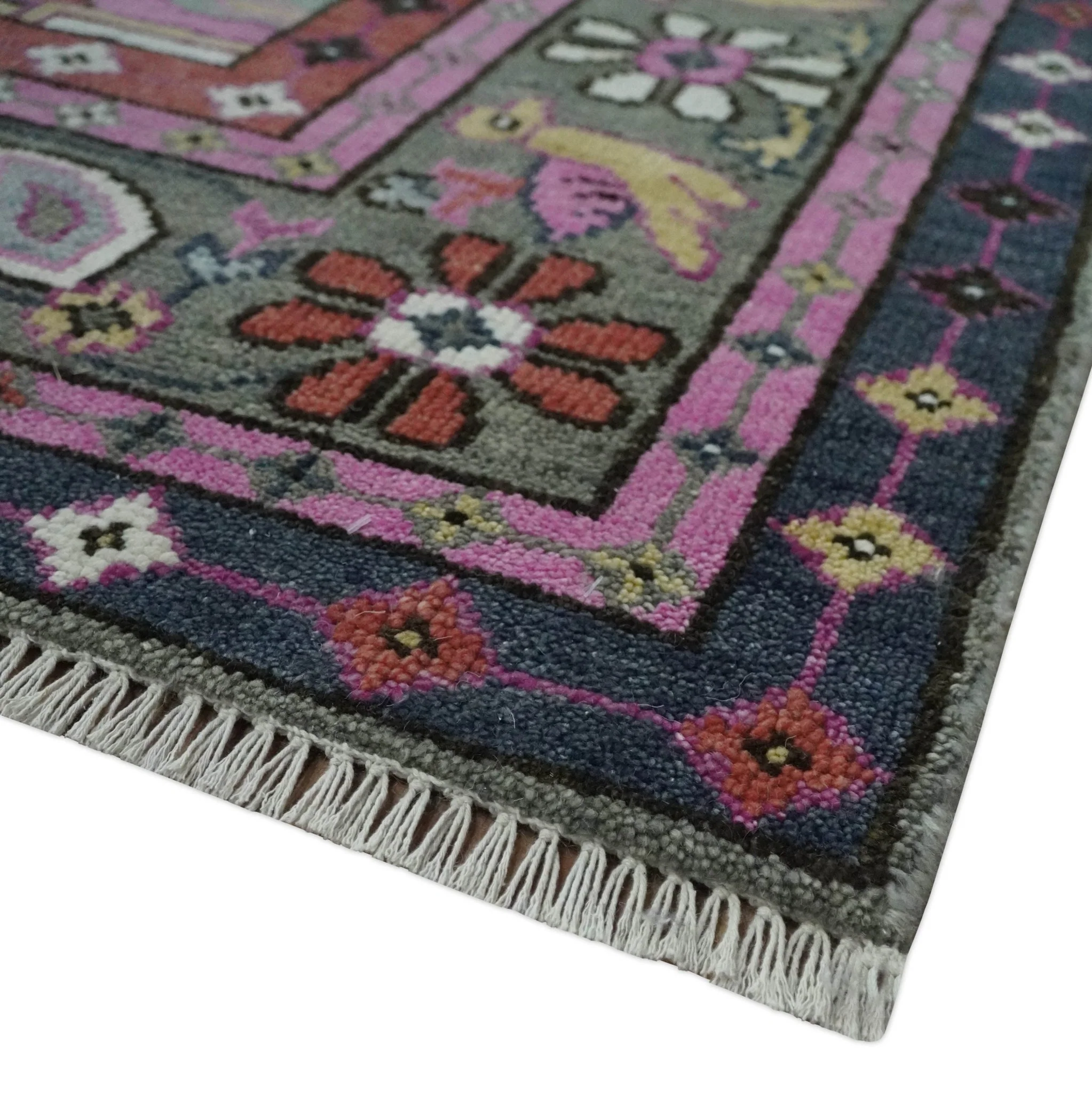Hand Knotted Charcoal, Silver and Pink Traditional Custom Made Wool Area Rug - Image 5