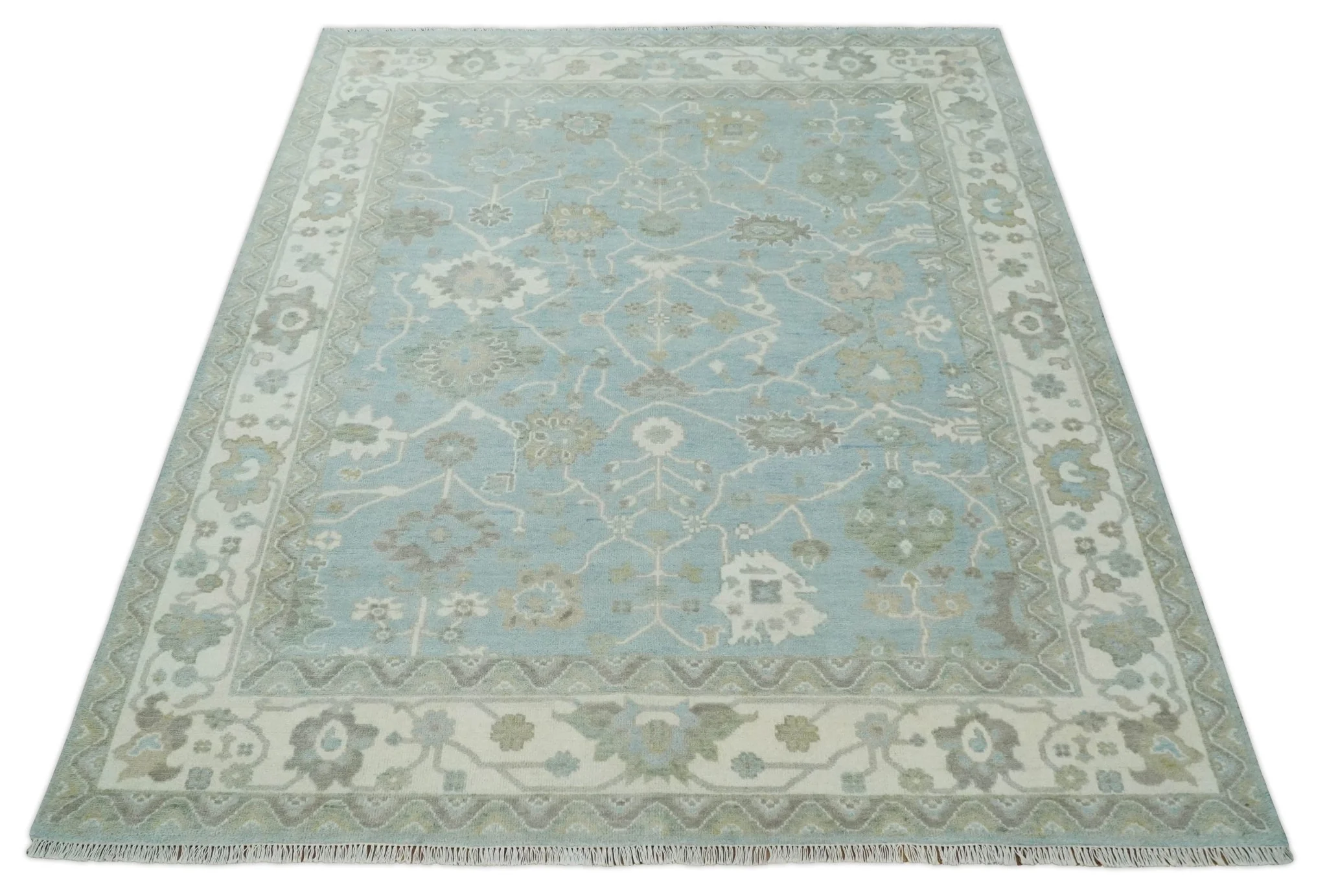 Hand Knotted Custom Made Oriental Oushak Aqua, Ivory and Beige Wool Area Rug - Image 10