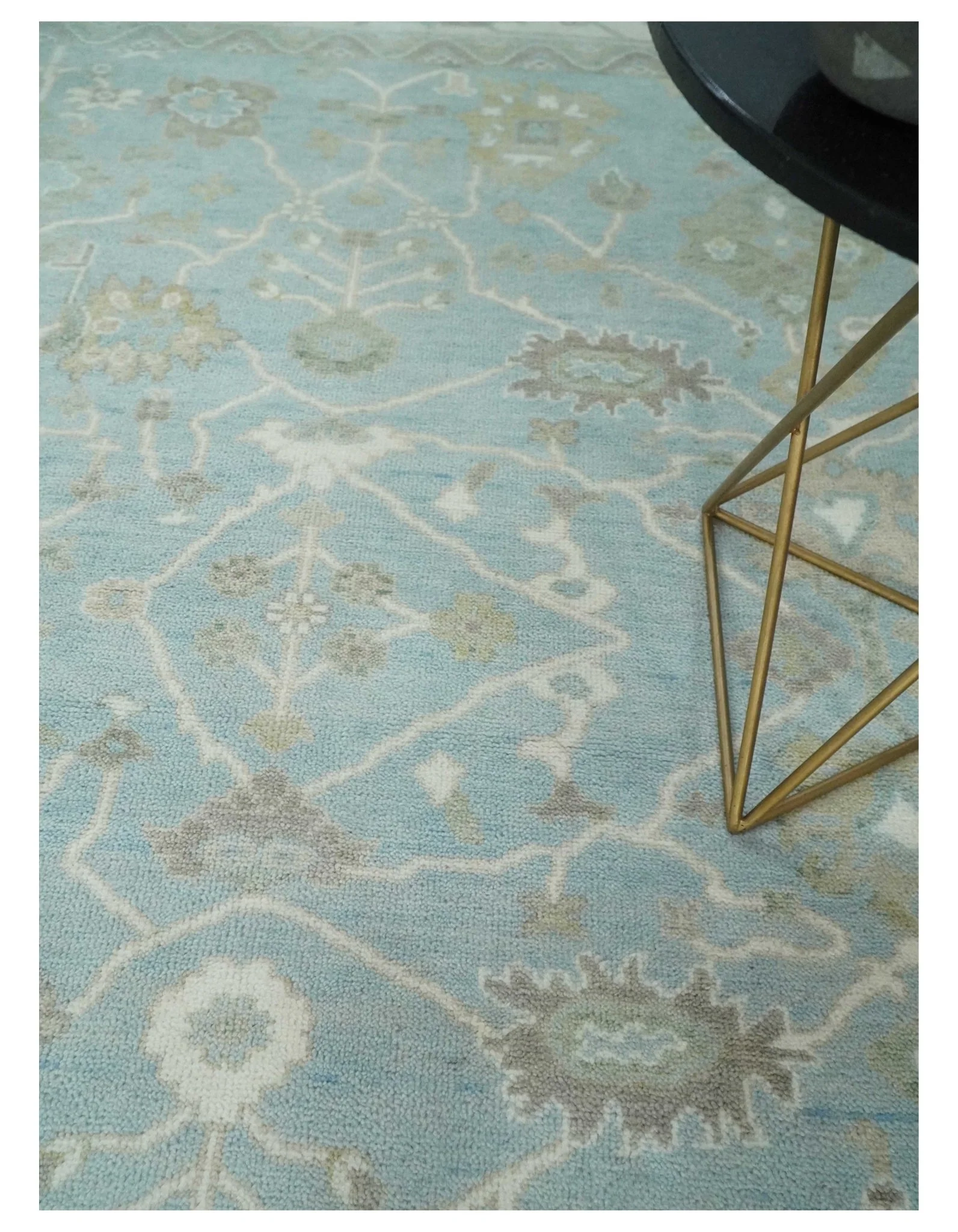 Hand Knotted Custom Made Oriental Oushak Aqua, Ivory and Beige Wool Area Rug - Image 2