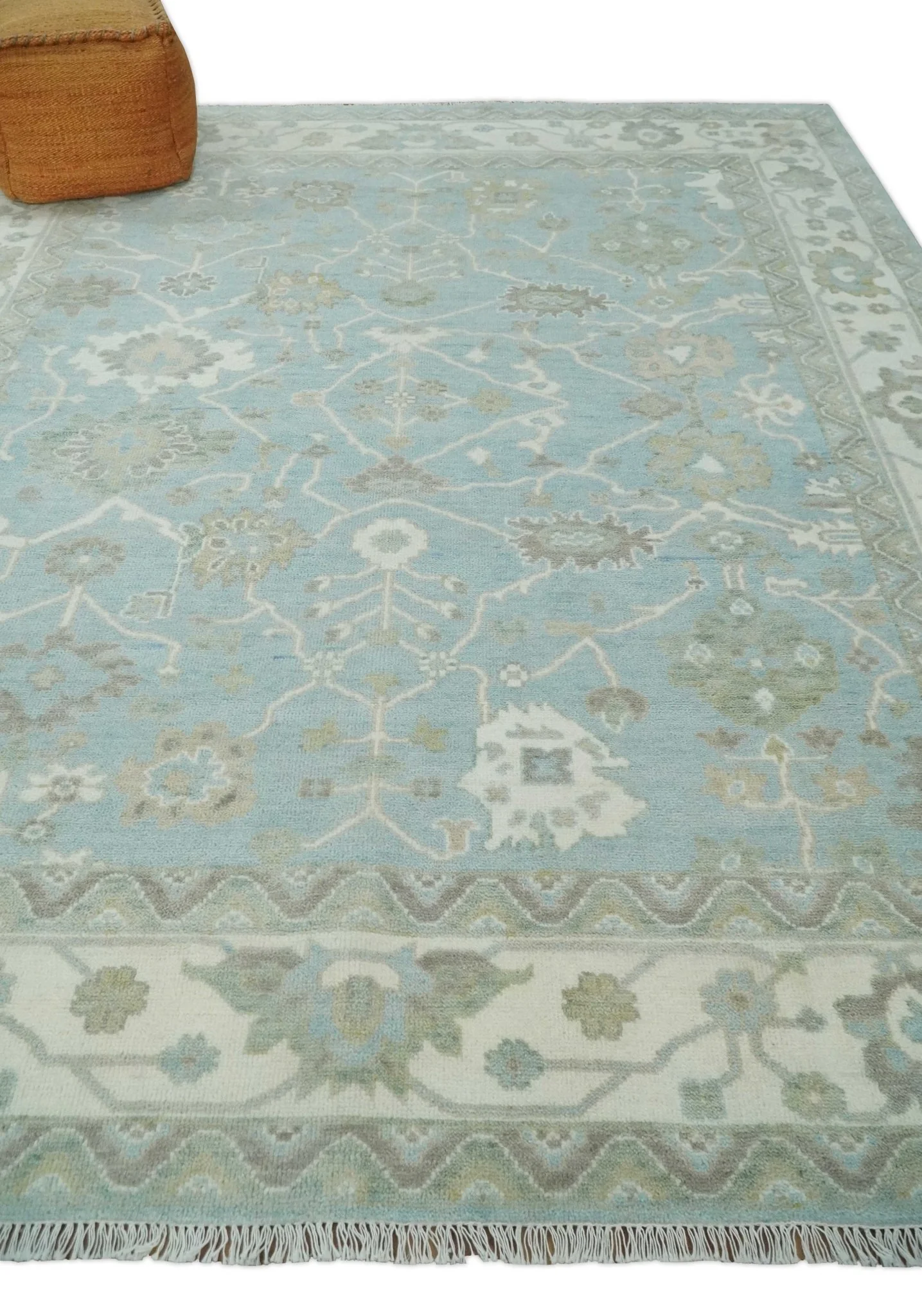 Hand Knotted Custom Made Oriental Oushak Aqua, Ivory and Beige Wool Area Rug - Image 3