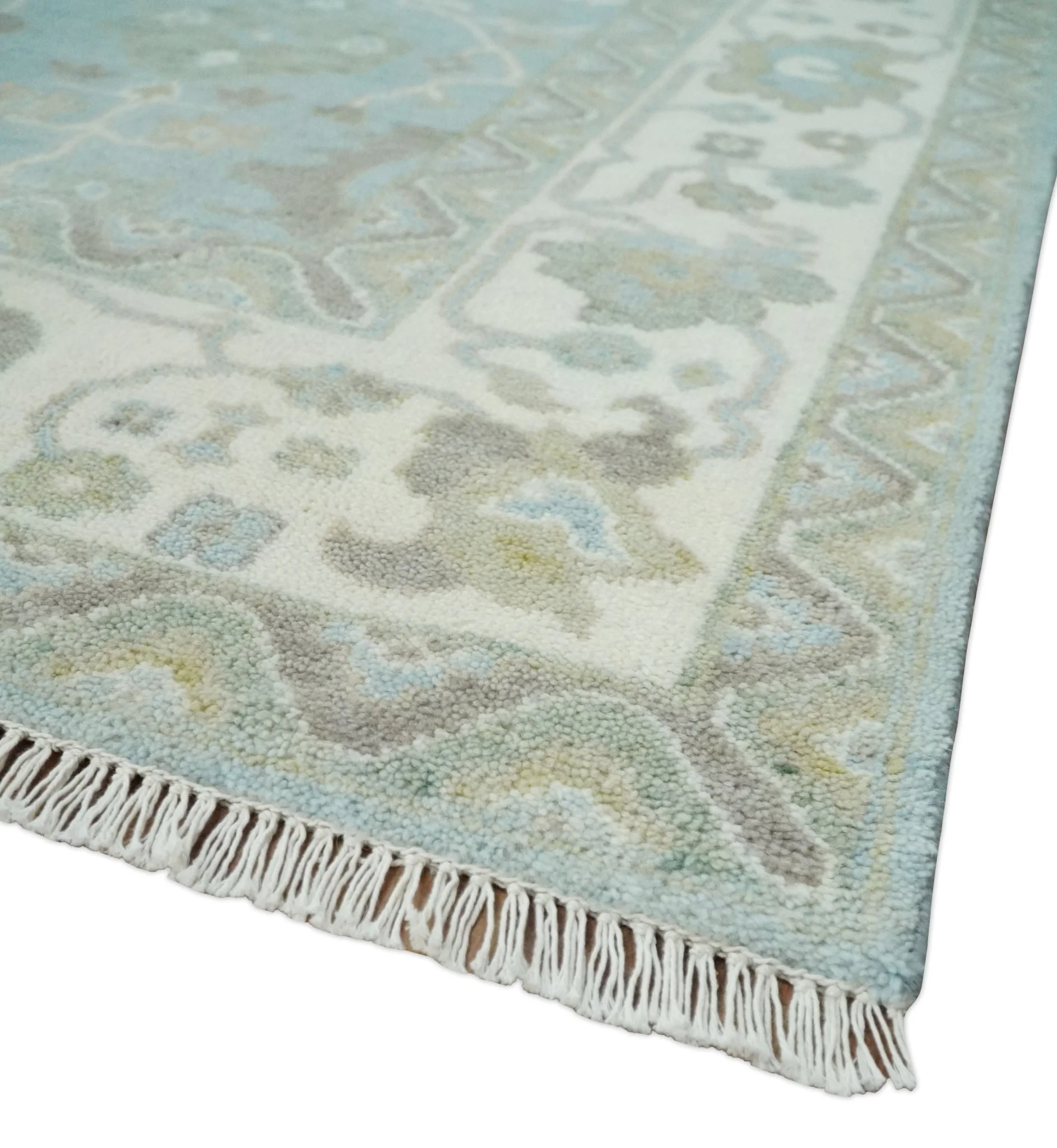 Hand Knotted Custom Made Oriental Oushak Aqua, Ivory and Beige Wool Area Rug - Image 5