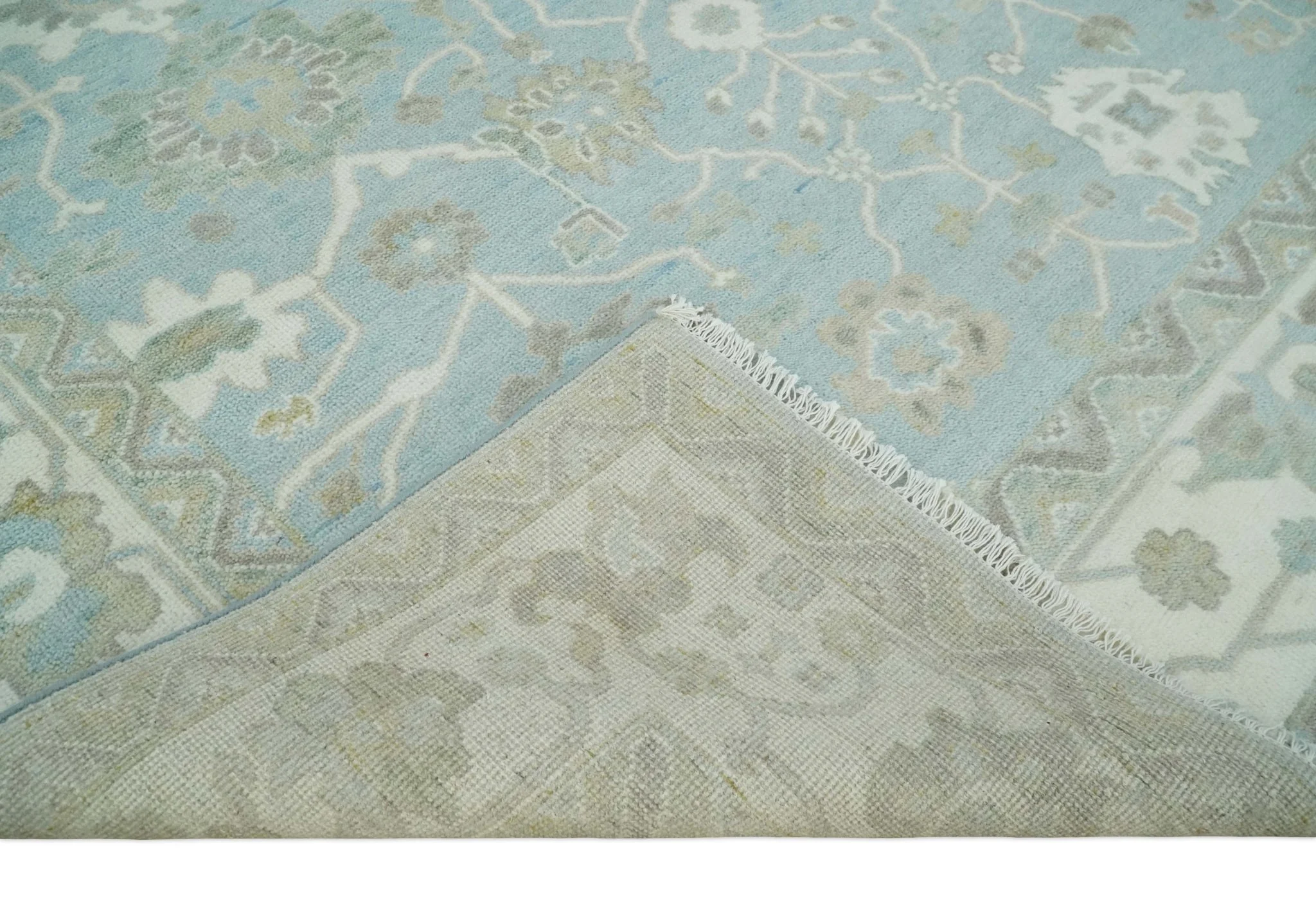 Hand Knotted Custom Made Oriental Oushak Aqua, Ivory and Beige Wool Area Rug - Image 6
