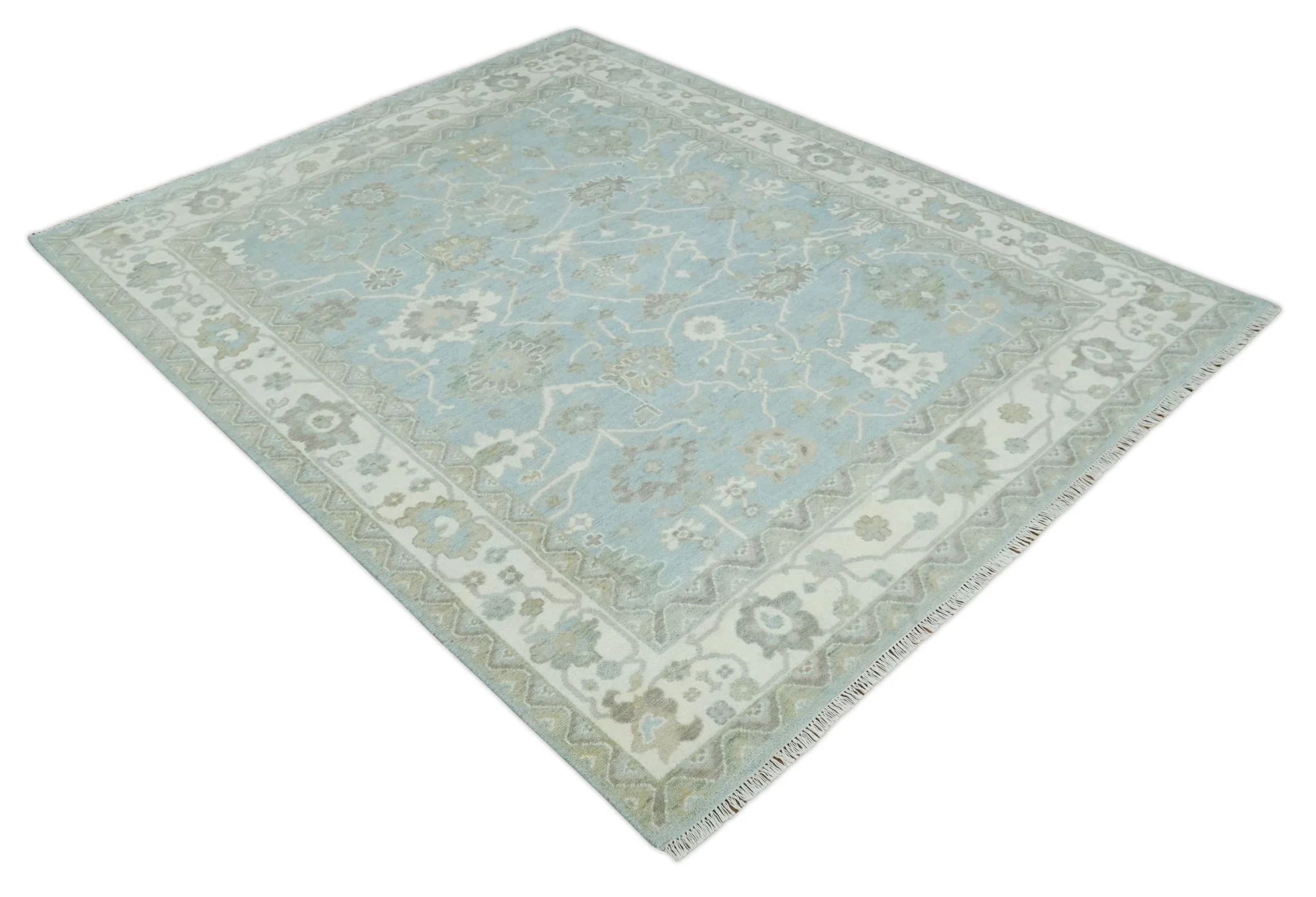 Hand Knotted Custom Made Oriental Oushak Aqua, Ivory and Beige Wool Area Rug - Image 9