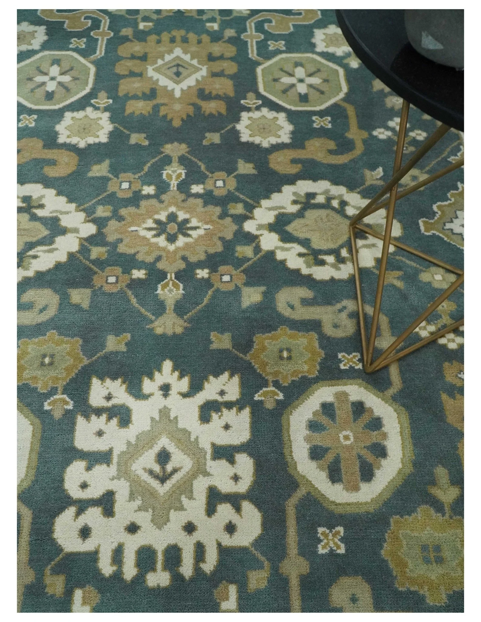 Custom Made Hand Knotted Dark Teal, Ivory and Beige Traditional Multi Size Oushak Wool Rug - Image 2