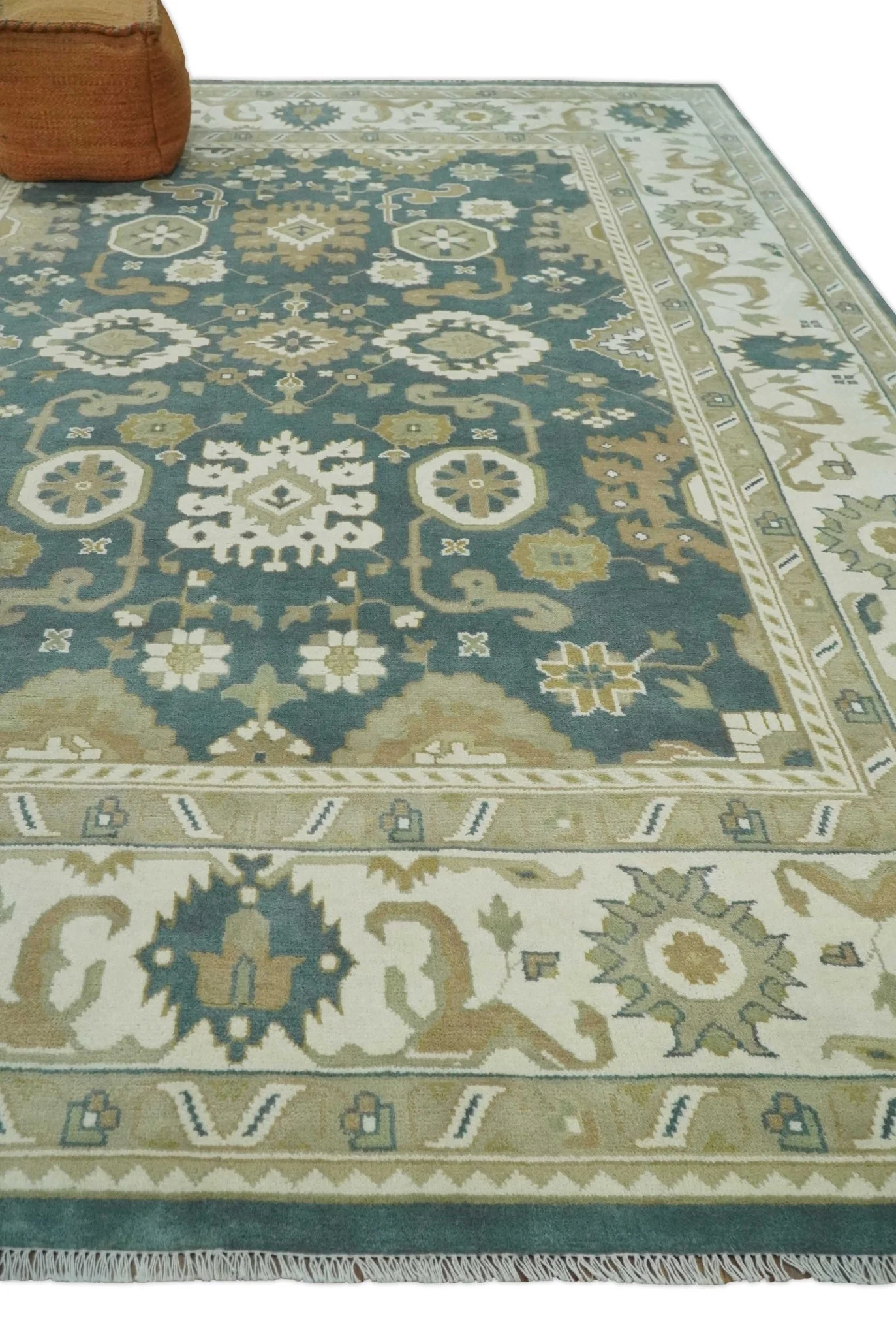 Custom Made Hand Knotted Dark Teal, Ivory and Beige Traditional Multi Size Oushak Wool Rug - Image 3