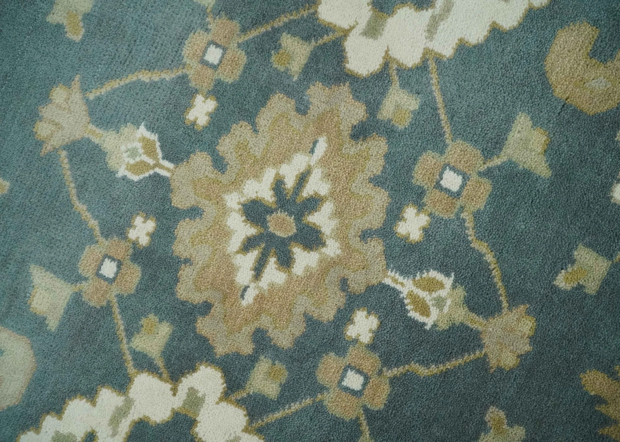 Custom Made Hand Knotted Dark Teal, Ivory and Beige Traditional Multi Size Oushak Wool Rug - Image 4