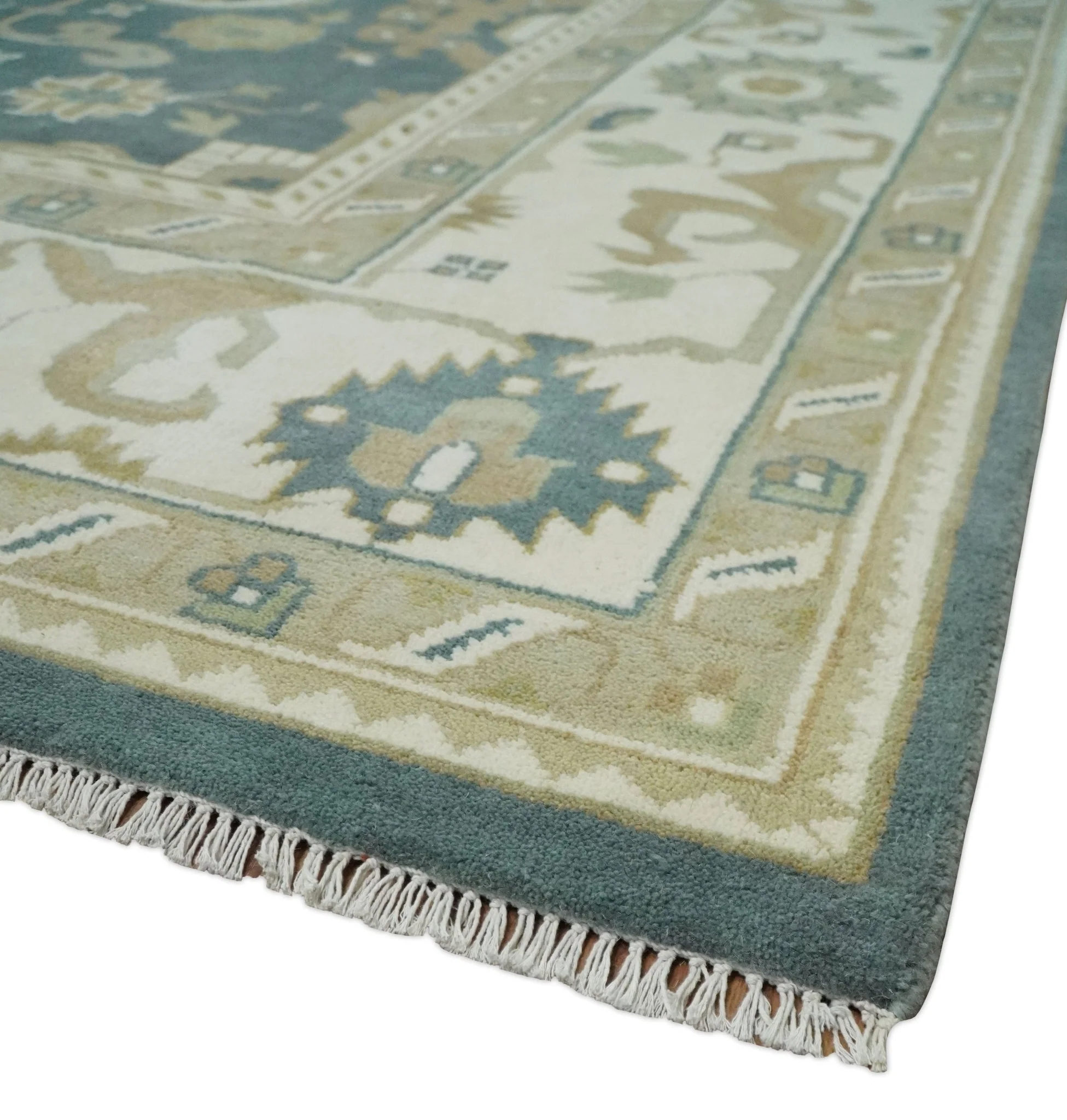 Custom Made Hand Knotted Dark Teal, Ivory and Beige Traditional Multi Size Oushak Wool Rug - Image 5