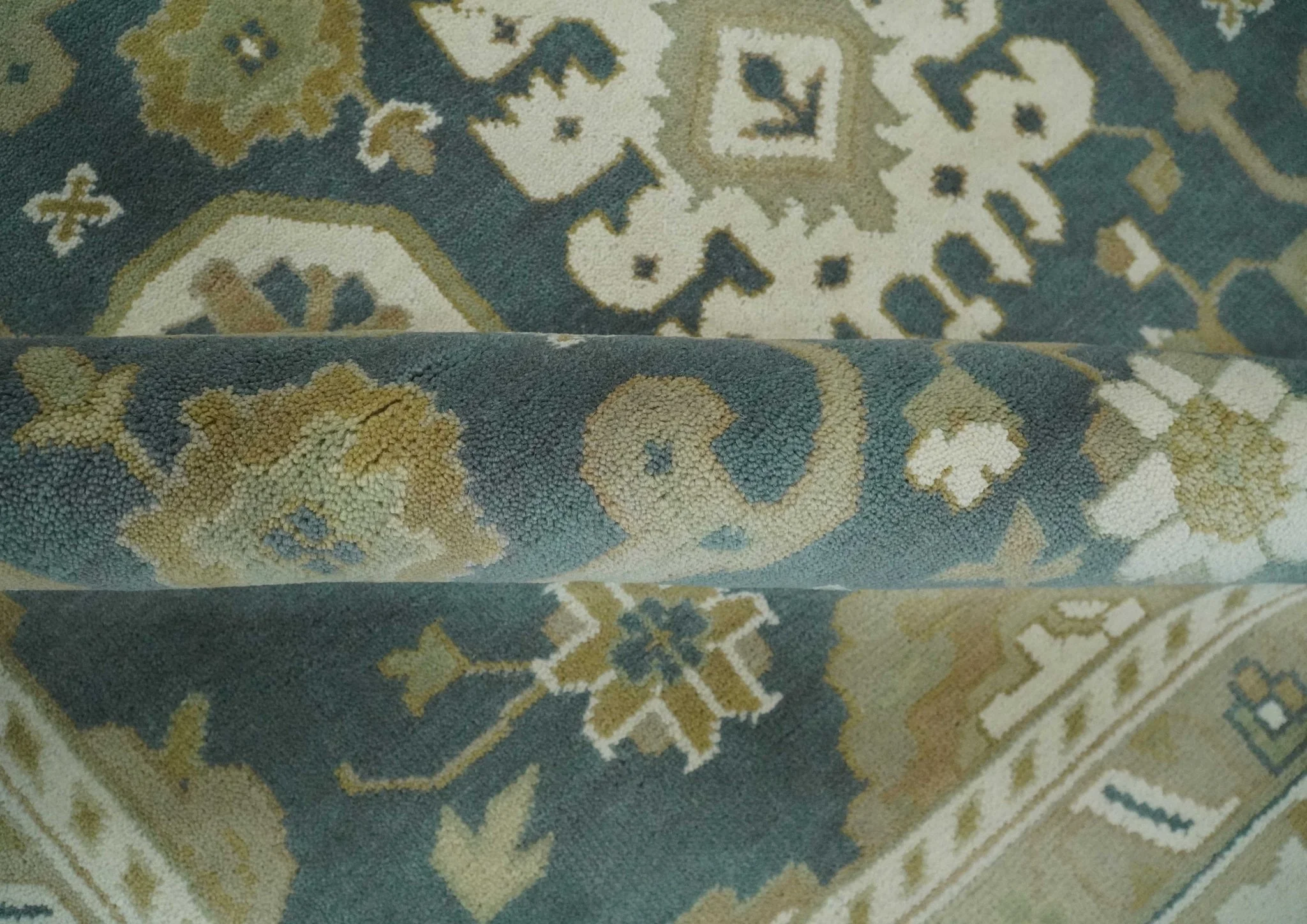 Custom Made Hand Knotted Dark Teal, Ivory and Beige Traditional Multi Size Oushak Wool Rug - Image 7