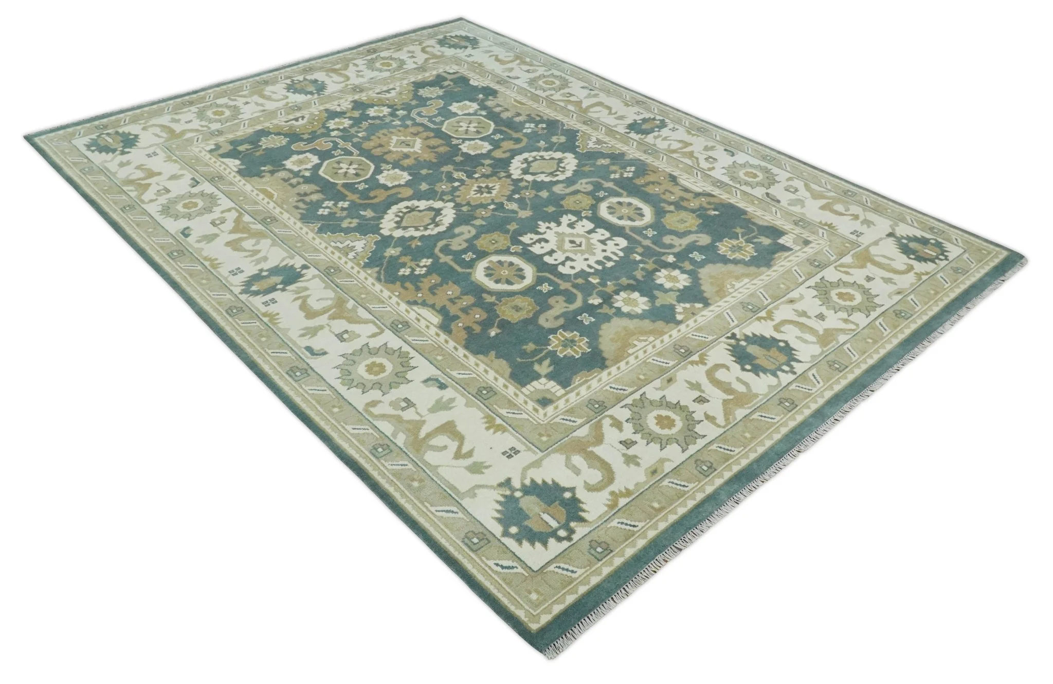 Custom Made Hand Knotted Dark Teal, Ivory and Beige Traditional Multi Size Oushak Wool Rug - Image 8