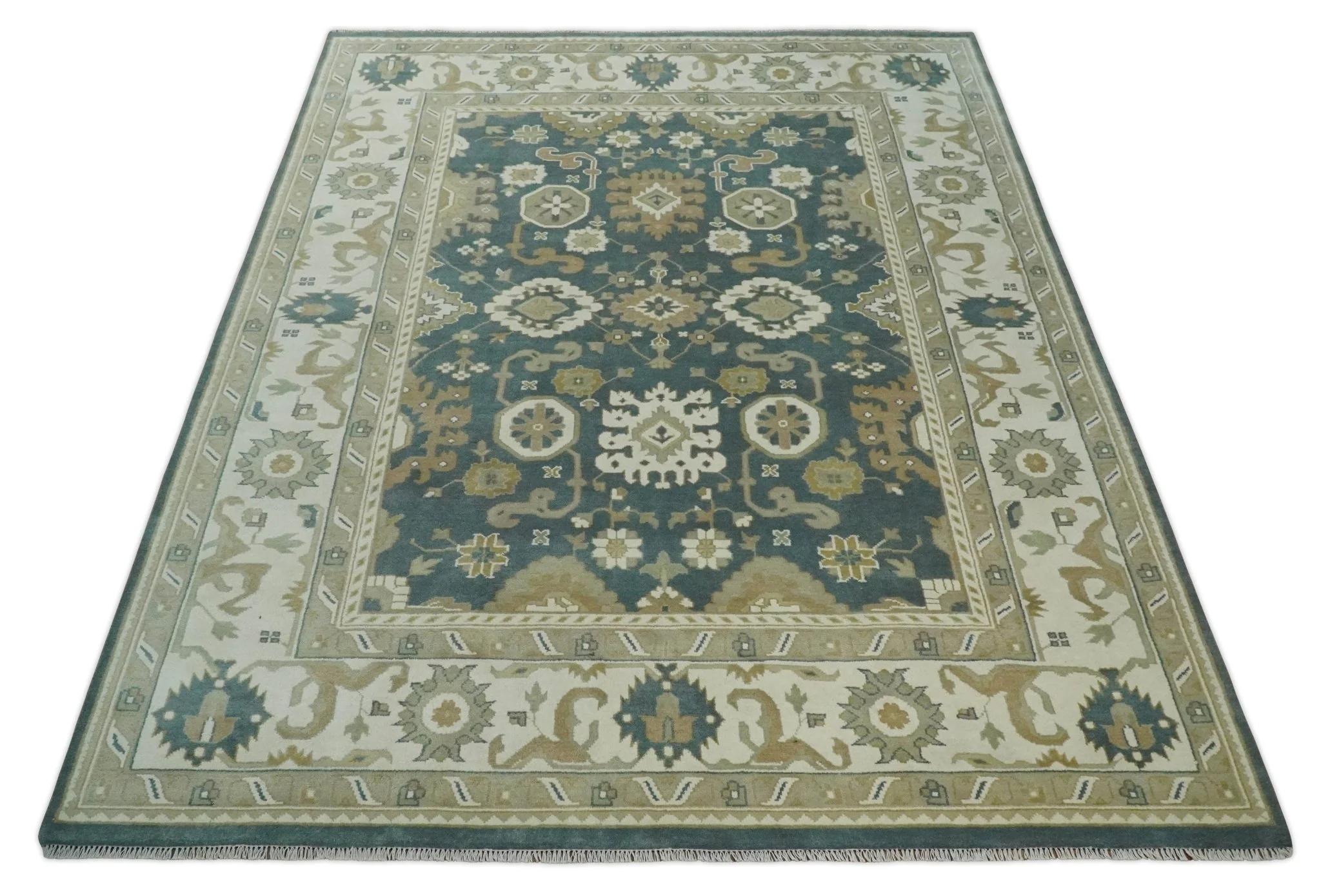 Custom Made Hand Knotted Dark Teal, Ivory and Beige Traditional Multi Size Oushak Wool Rug - Image 9