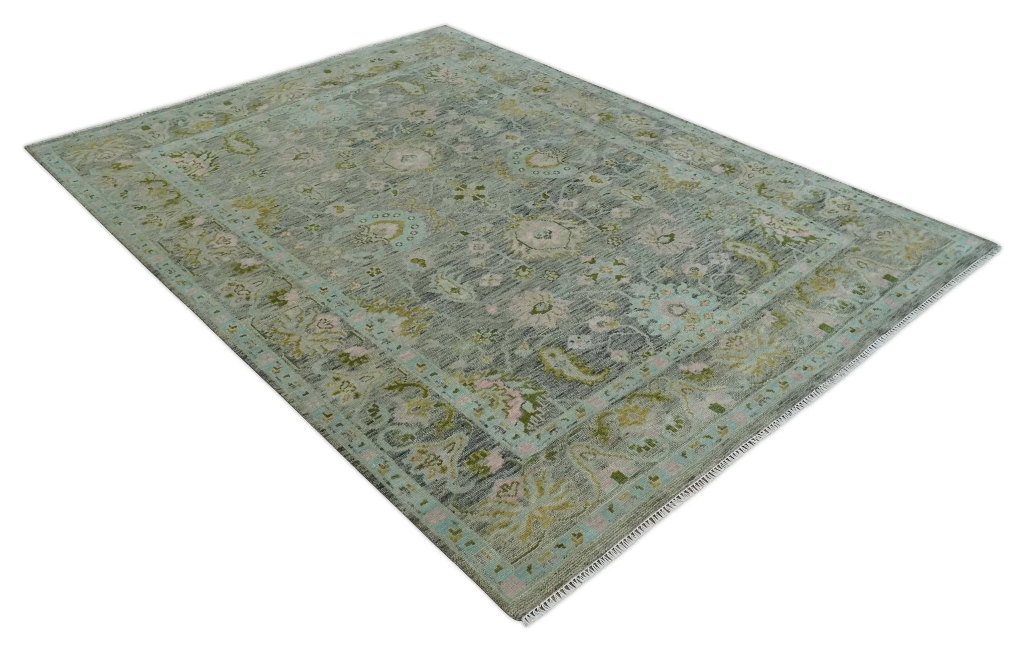 Custom Made Hand Knotted Moss Green Gray and Green Oriental Oushak Multi Size Traditional Wool Area Rug - Image 2