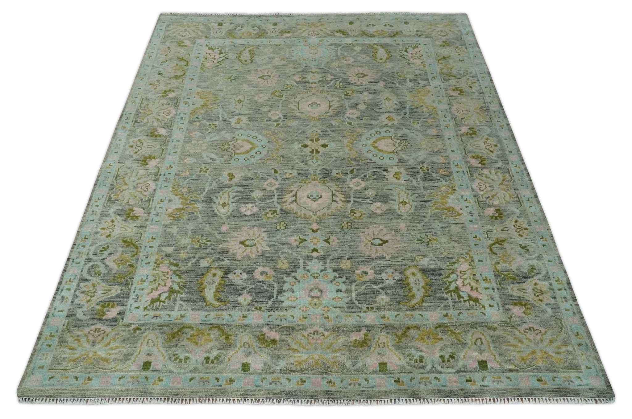Custom Made Hand Knotted Moss Green Gray and Green Oriental Oushak Multi Size Traditional Wool Area Rug - Image 3