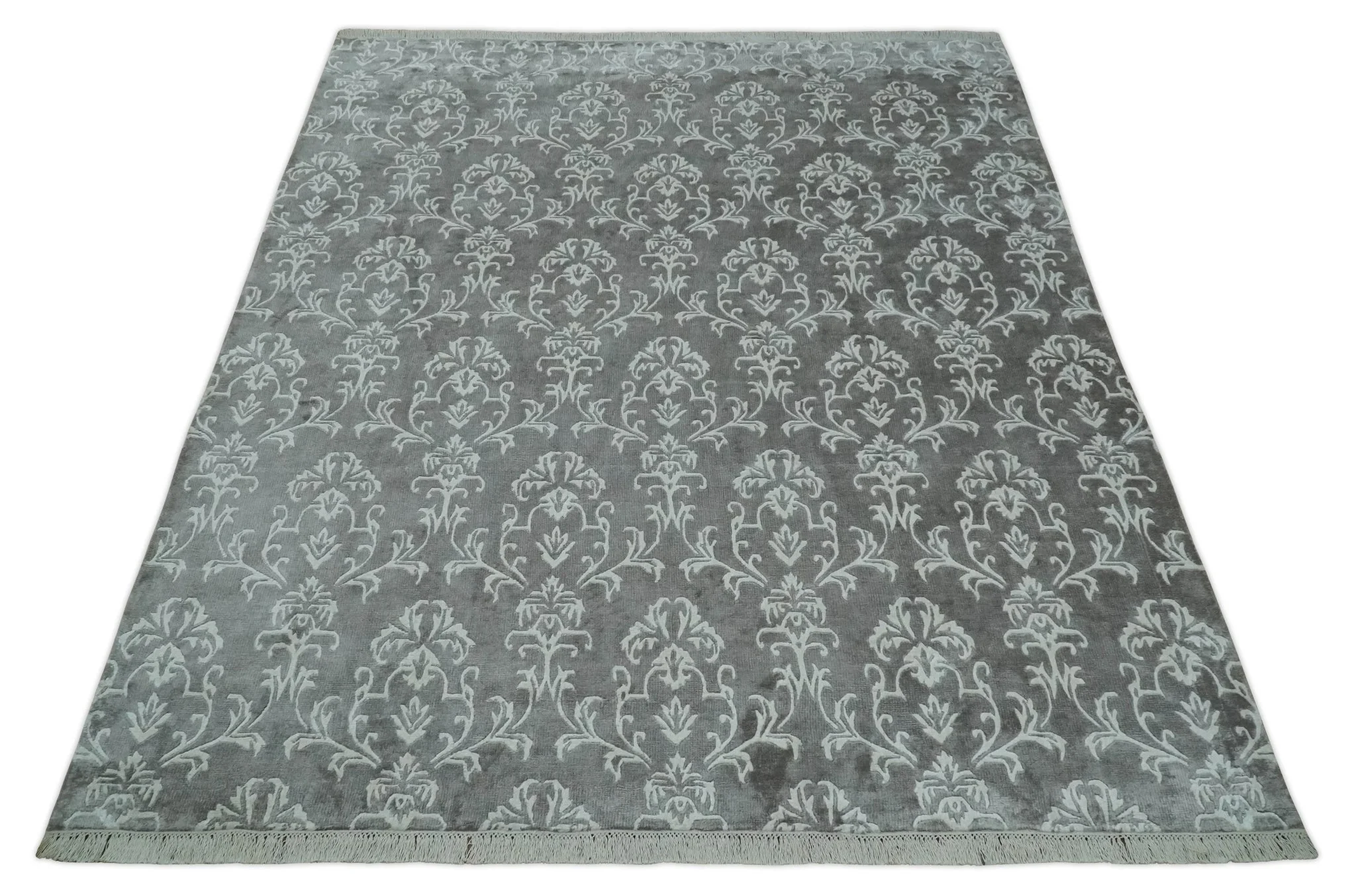 Fine 8x10 Hand Knotted Gray and Ivory Traditional Modern Style Art Art Silk Rug, Living Room Rug - Image 10