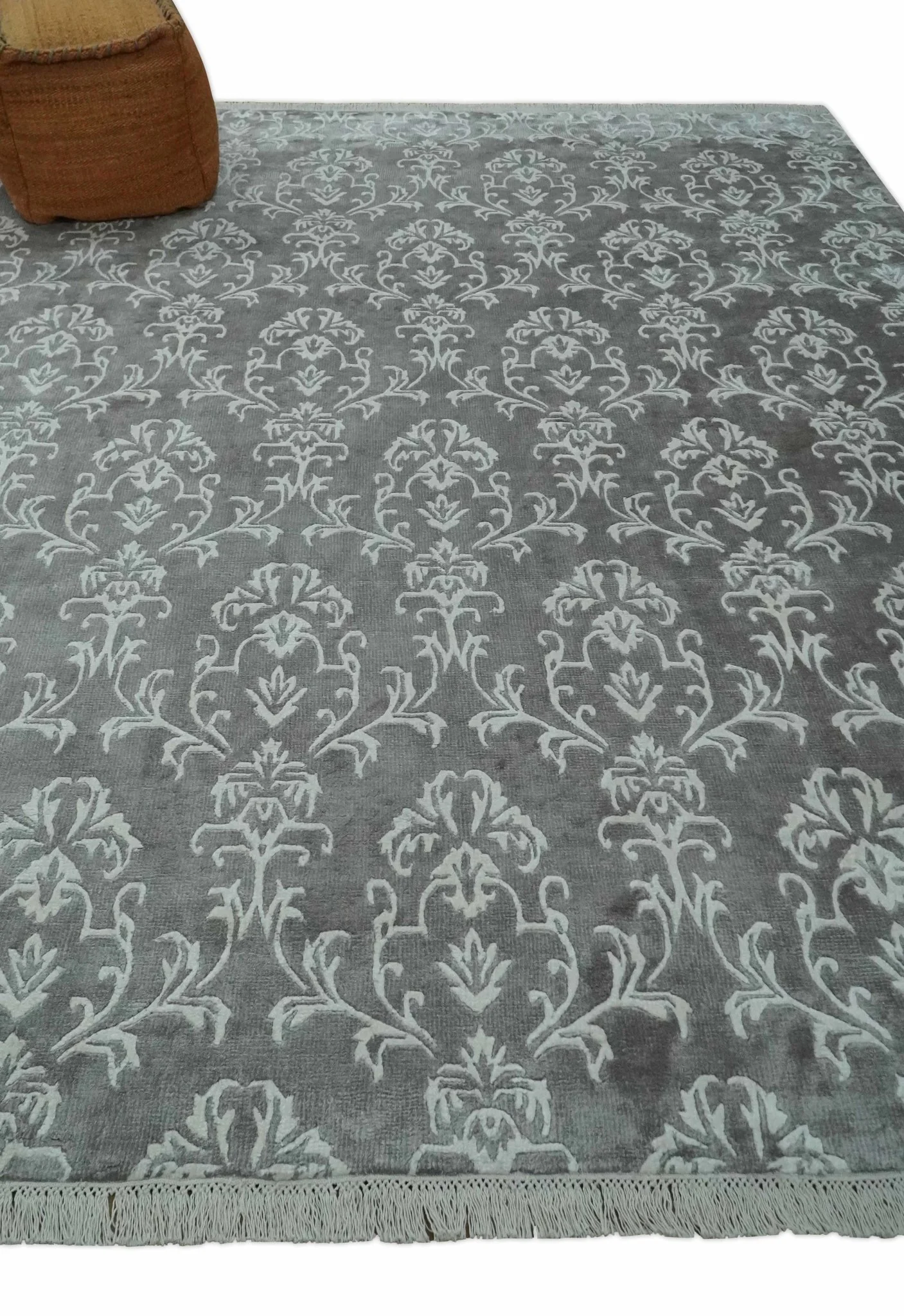 Fine 8x10 Hand Knotted Gray and Ivory Traditional Modern Style Art Art Silk Rug, Living Room Rug - Image 3