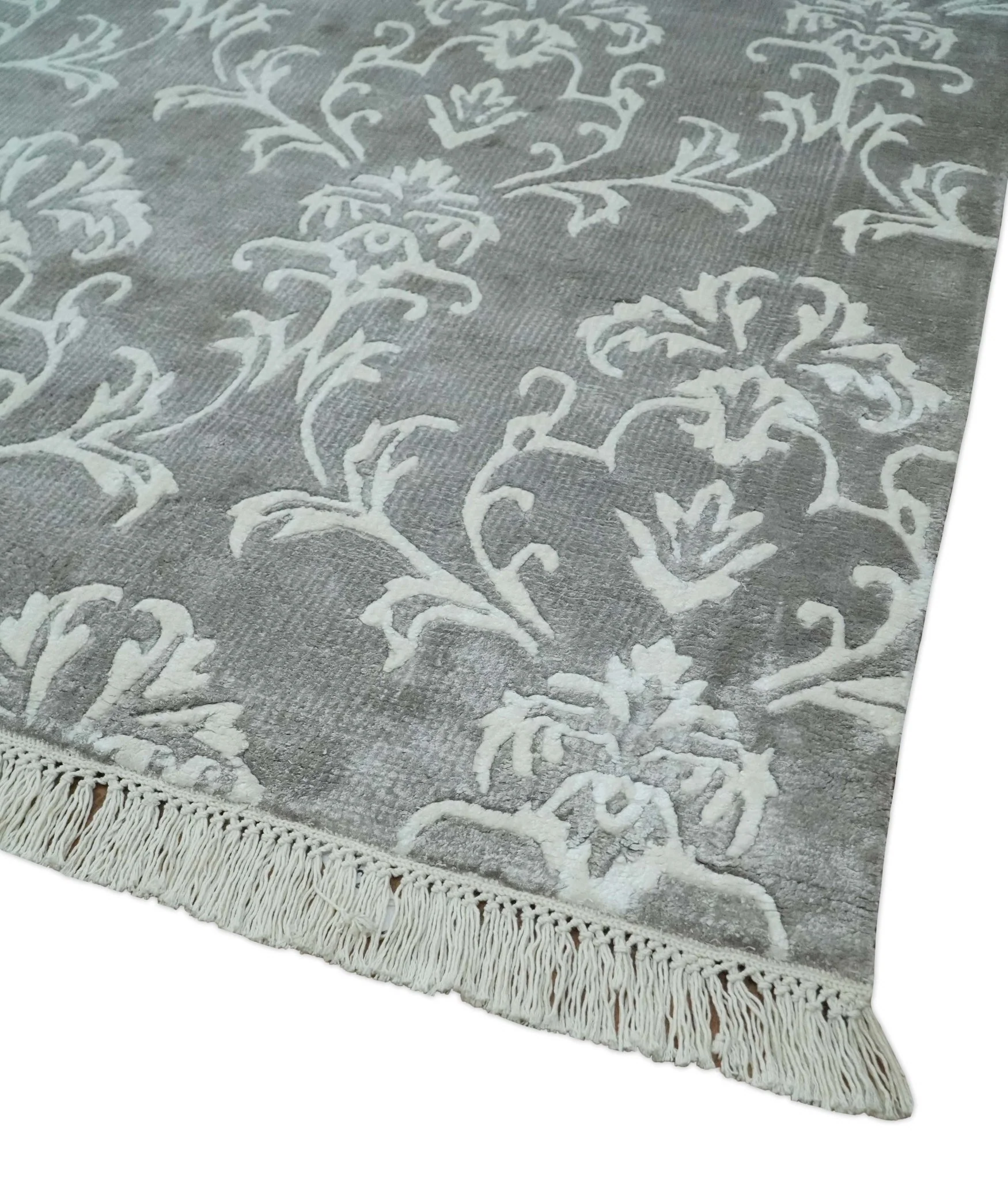 Fine 8x10 Hand Knotted Gray and Ivory Traditional Modern Style Art Art Silk Rug, Living Room Rug - Image 5