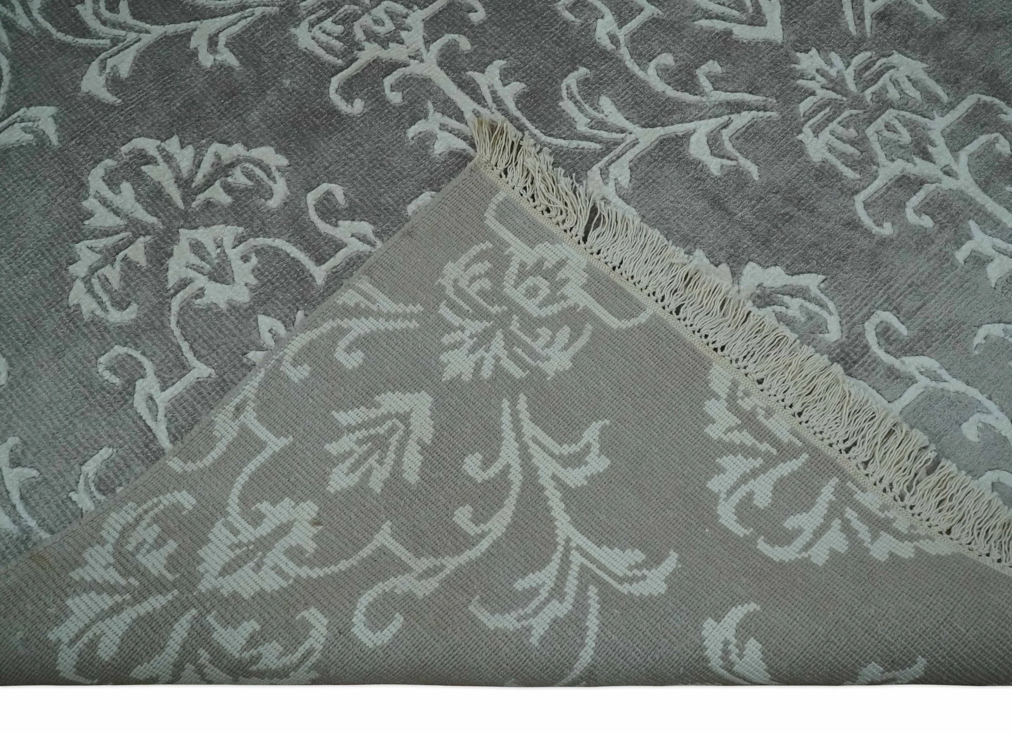 Fine 8x10 Hand Knotted Gray and Ivory Traditional Modern Style Art Art Silk Rug, Living Room Rug - Image 8