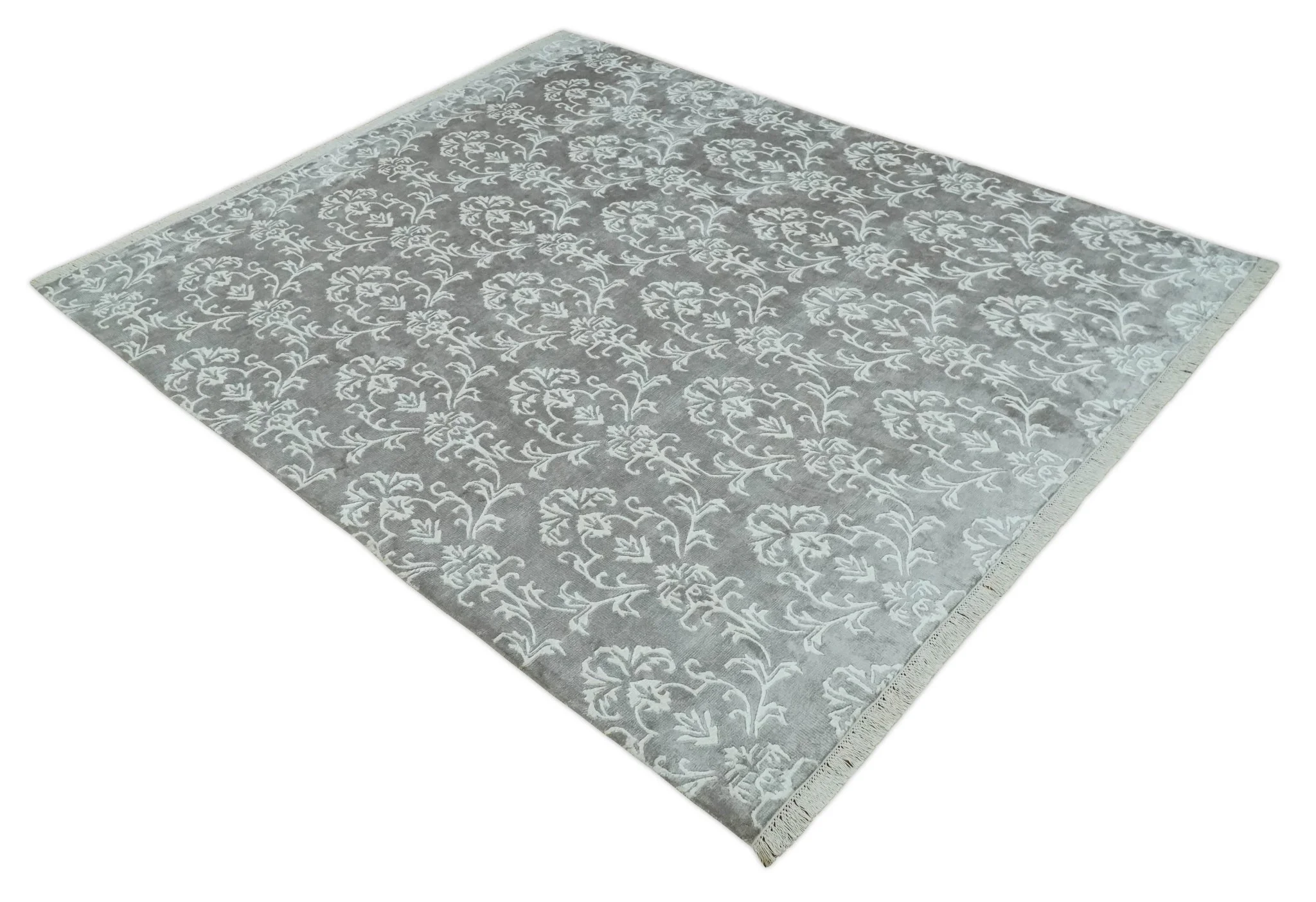 Fine 8x10 Hand Knotted Gray and Ivory Traditional Modern Style Art Art Silk Rug, Living Room Rug - Image 9