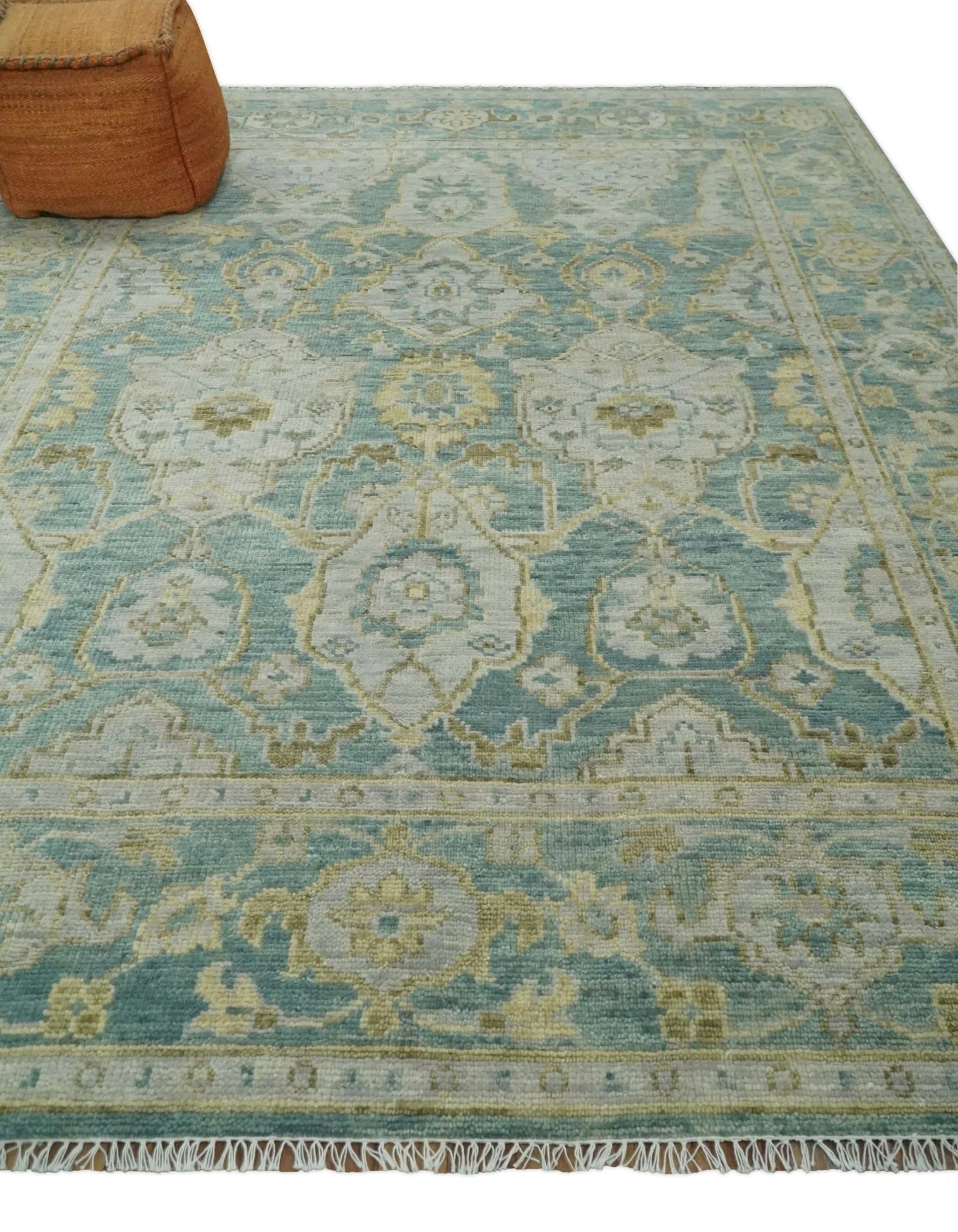 Hand Knotted Traditional Turkish Teal Oushak Wool Rug - Image 13