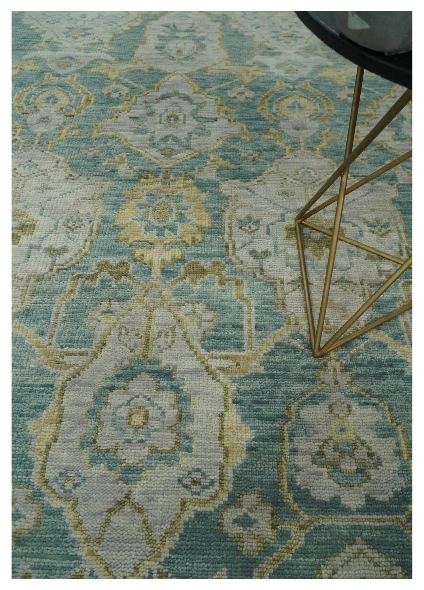 Hand Knotted Traditional Turkish Teal Oushak Wool Rug - Image 2