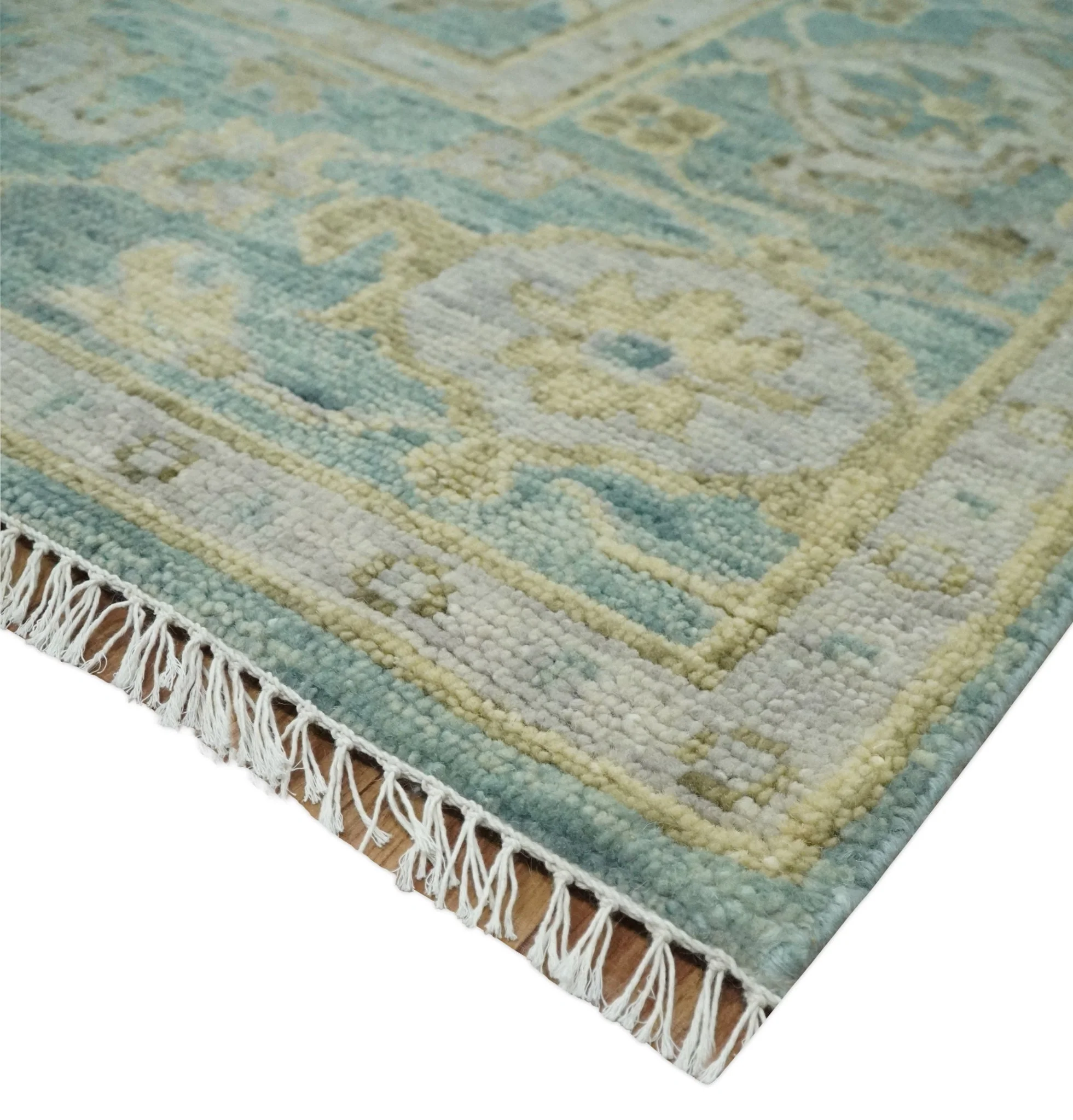 Hand Knotted Traditional Turkish Teal Oushak Wool Rug - Image 5